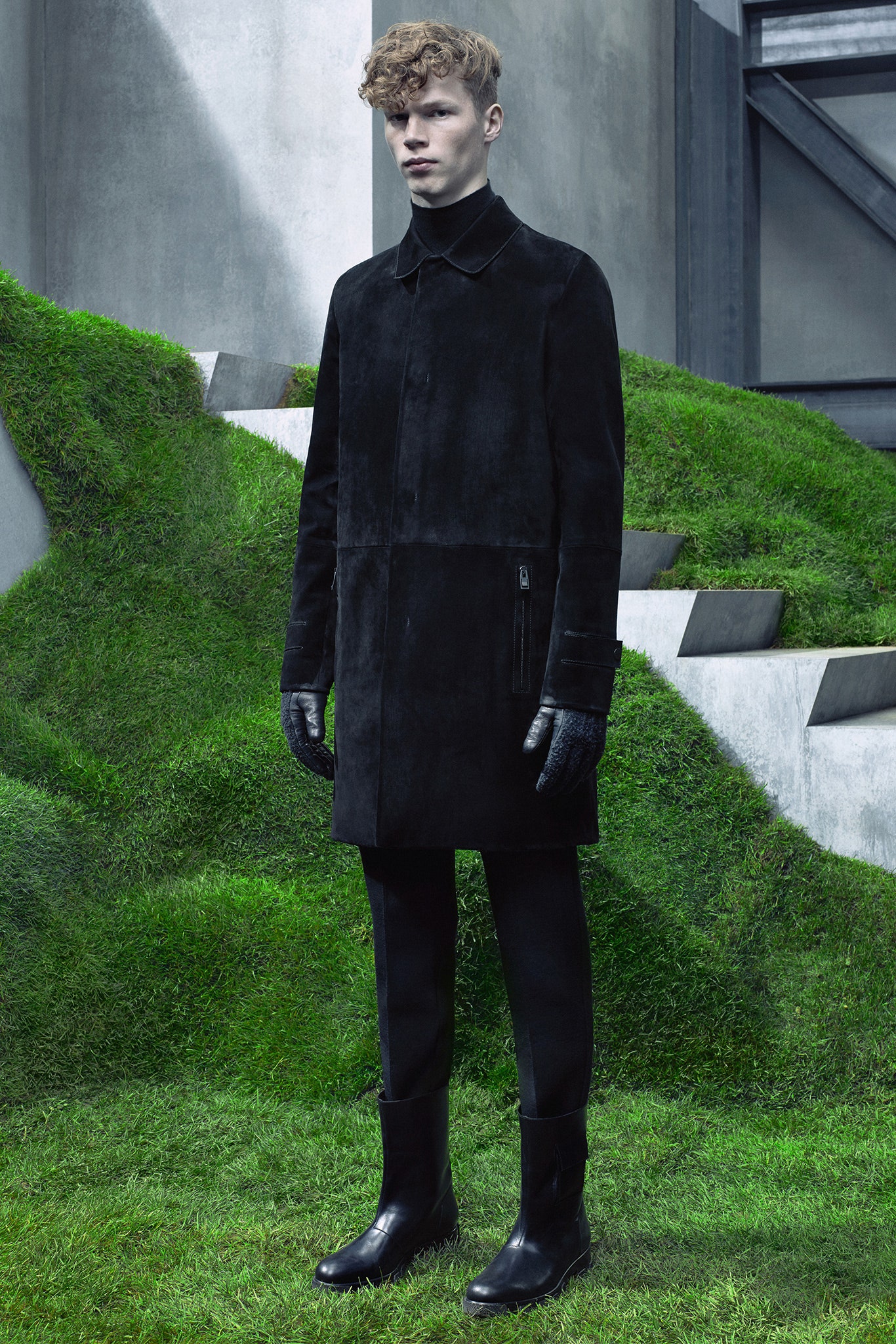 black suede coat with fitted pants