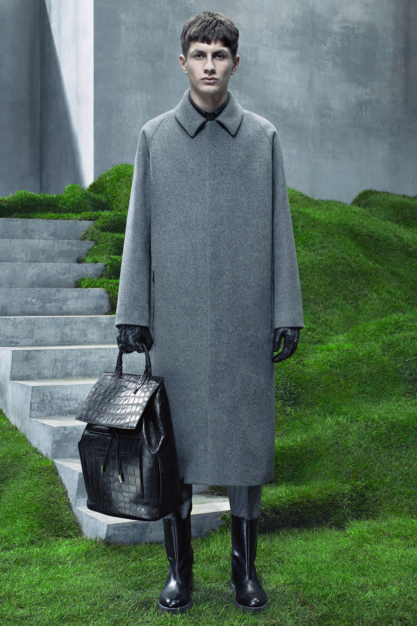 gray wool coat with black accessories