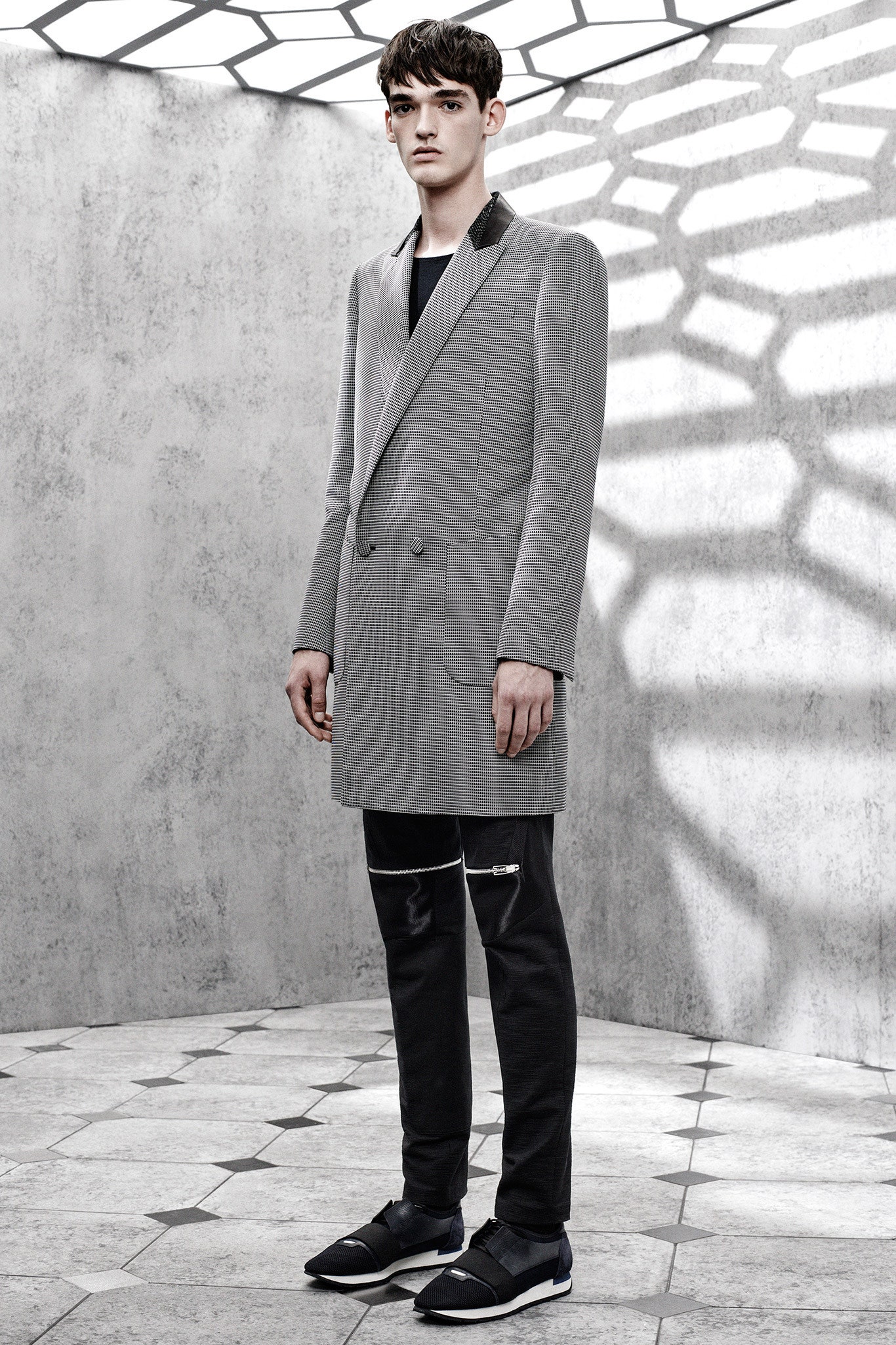 gray tailored blazer with black pants