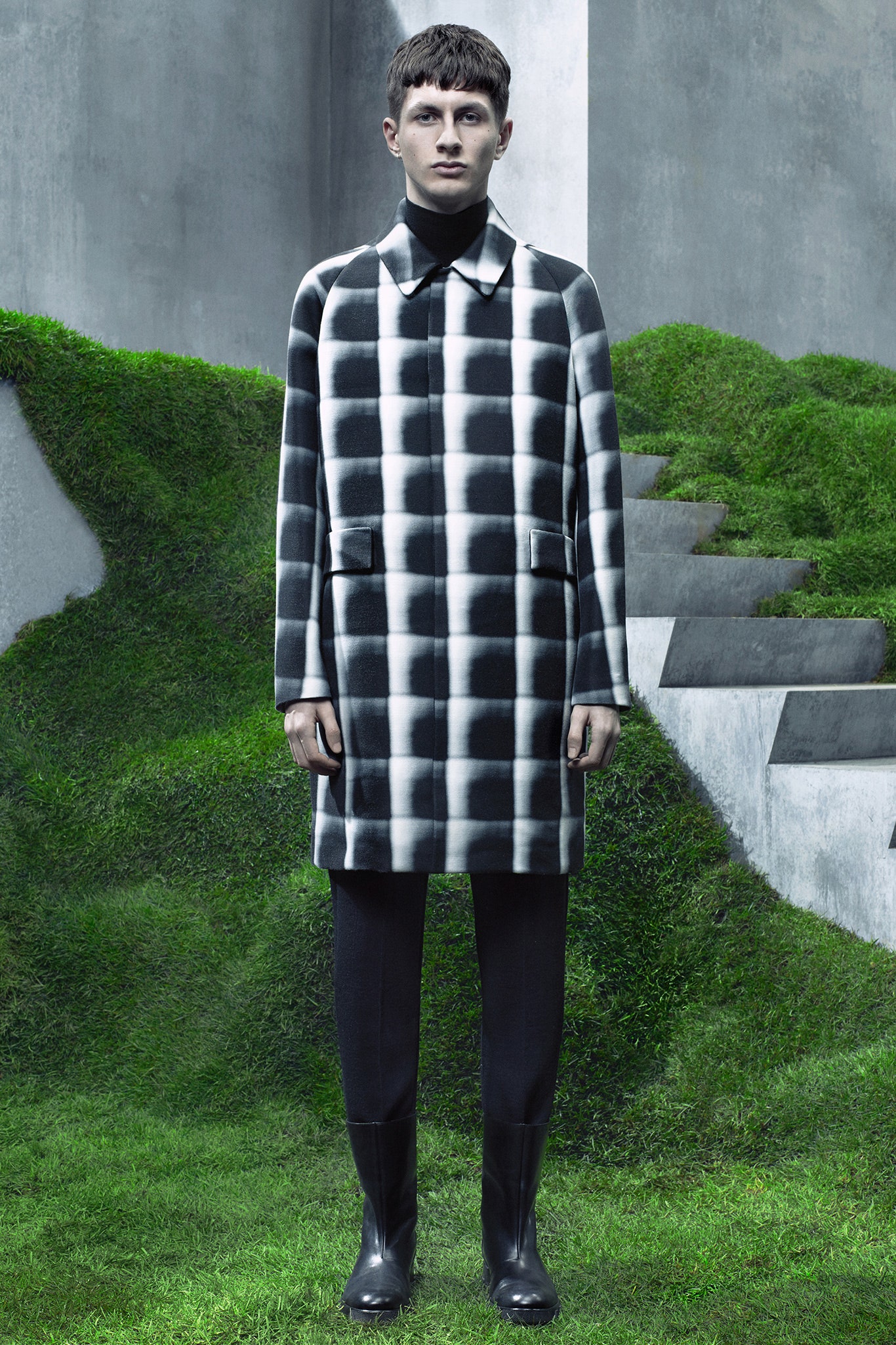 checked wool coat with slim pants