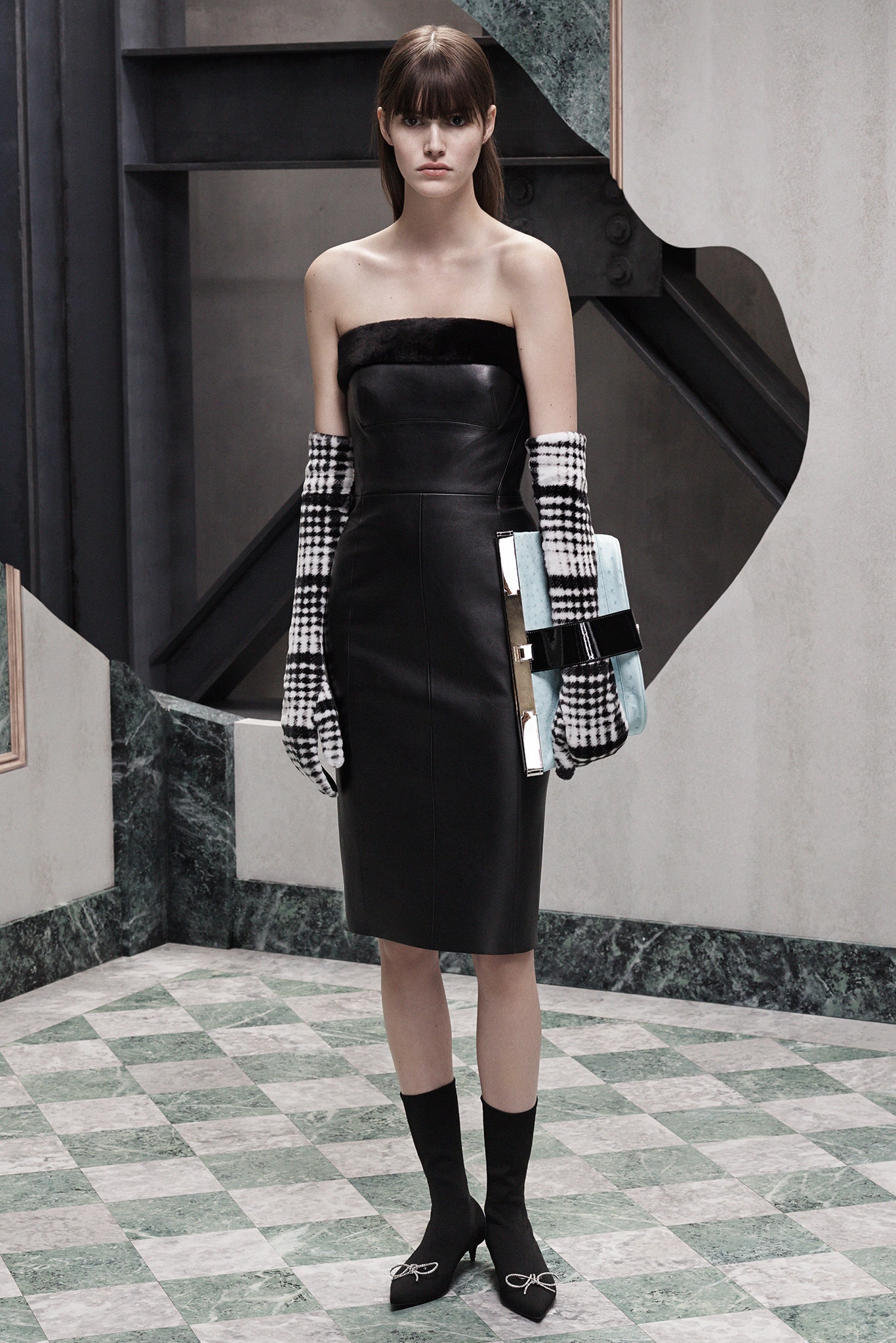 black leather strapless midi dress