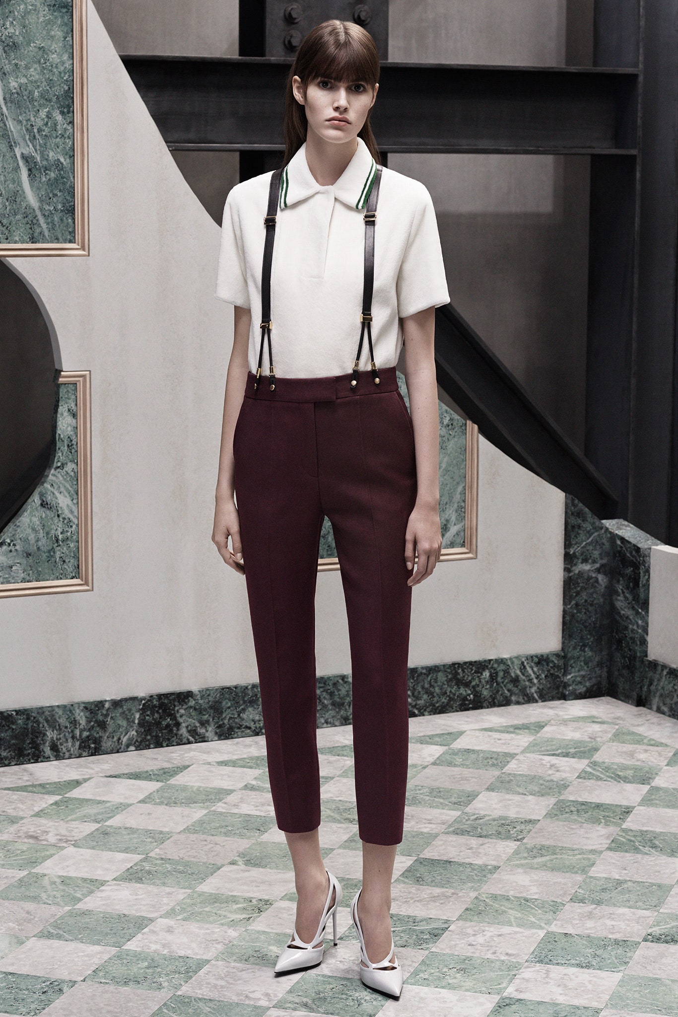 white collared shirt and burgundy pants