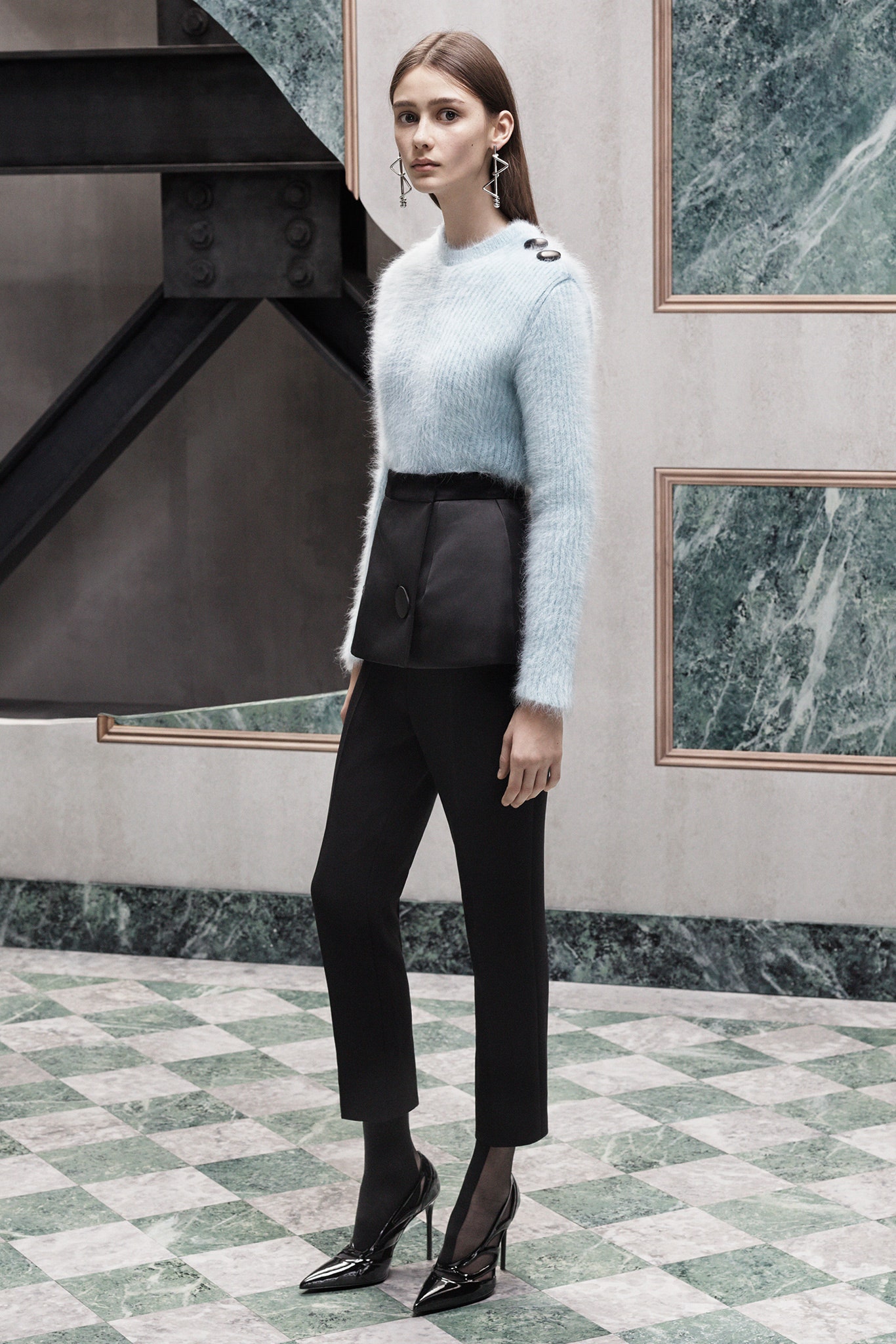 blue fitted sweater with tailored pants