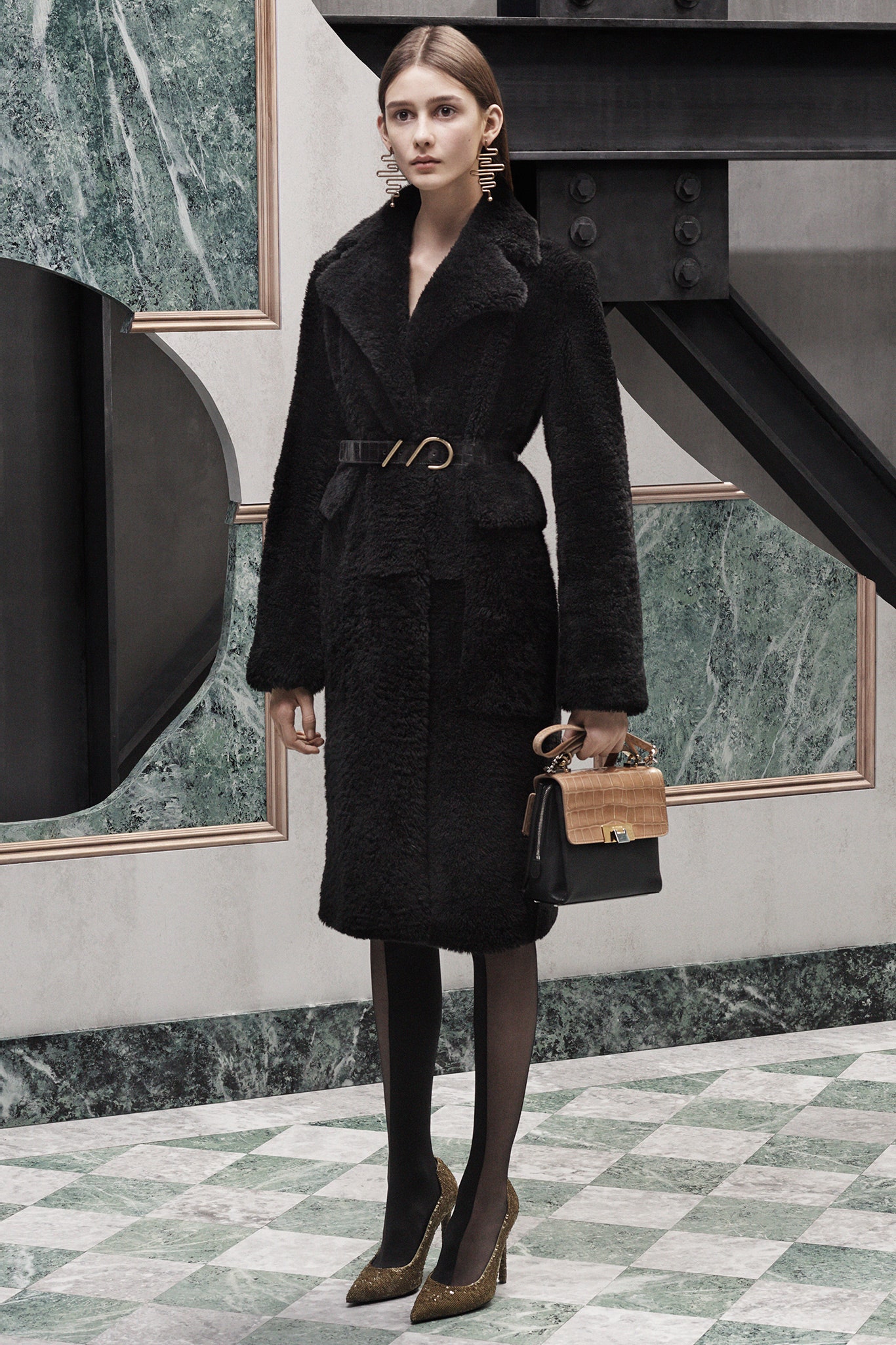 black faux-fur coat with gold heels