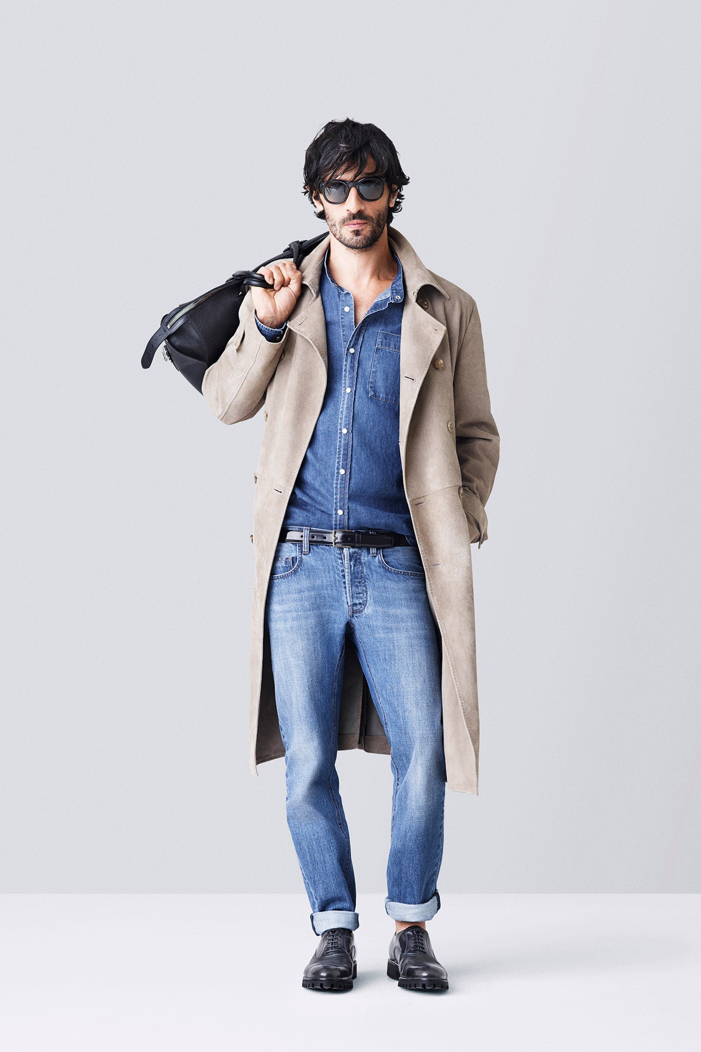 beige trench coat with denim