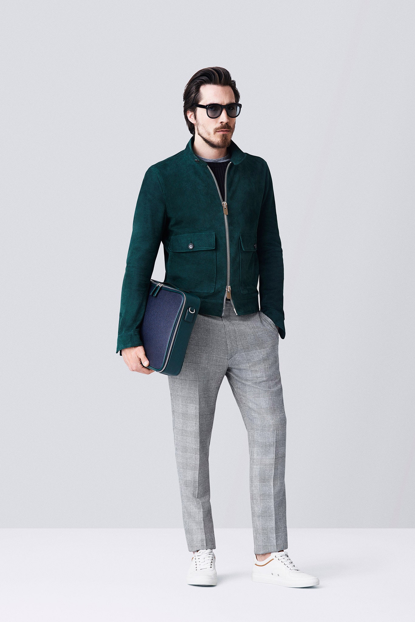 green suede long-sleeve collared fitted zippered pockets jacket