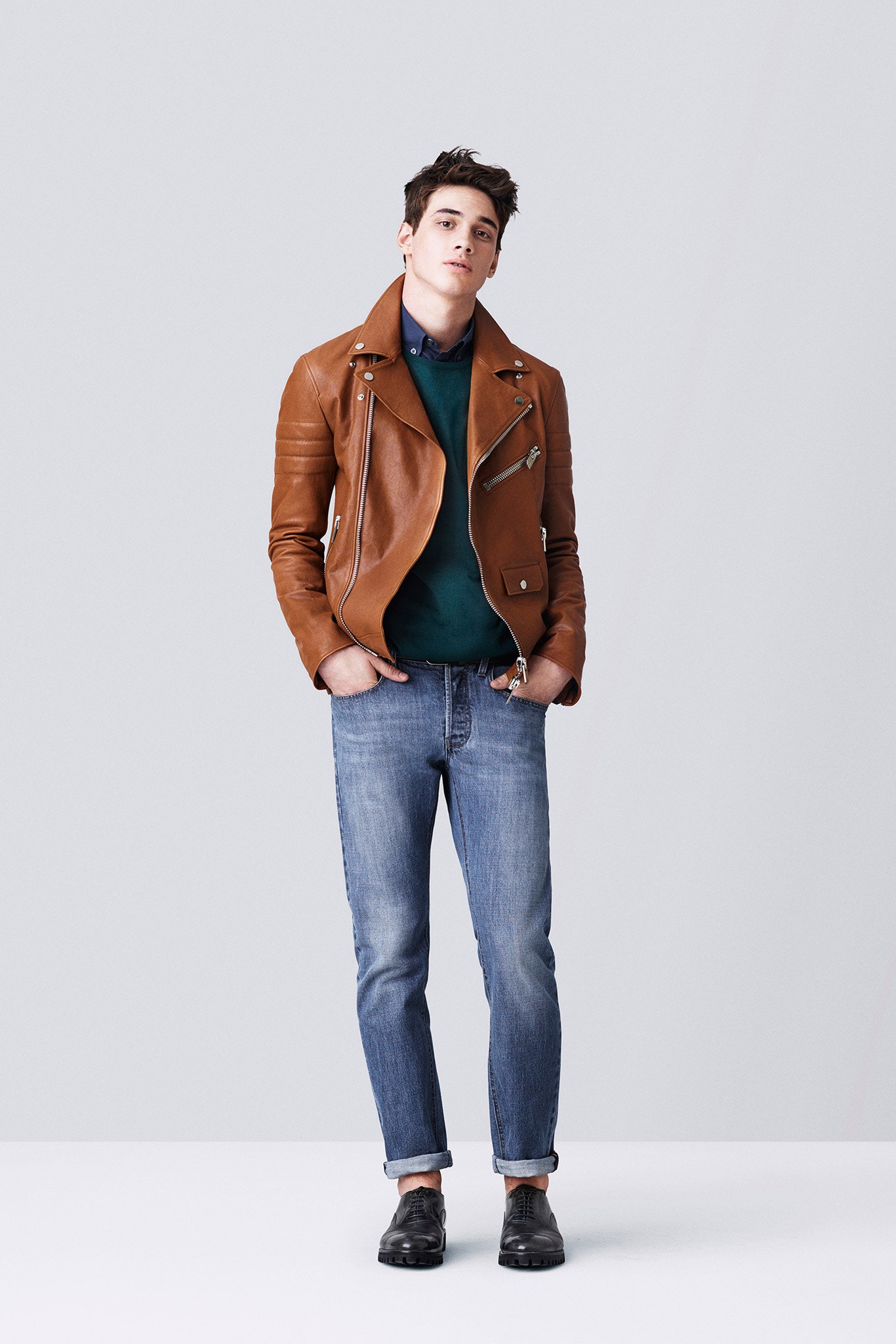 brown leather jacket with jeans