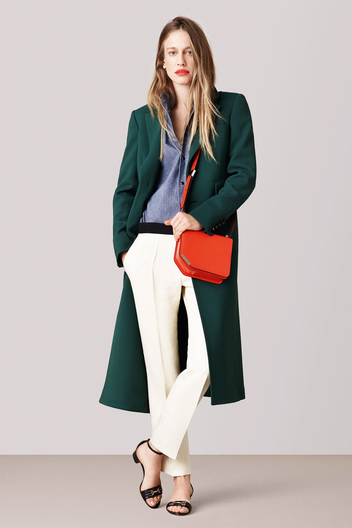 green coat with denim shirt