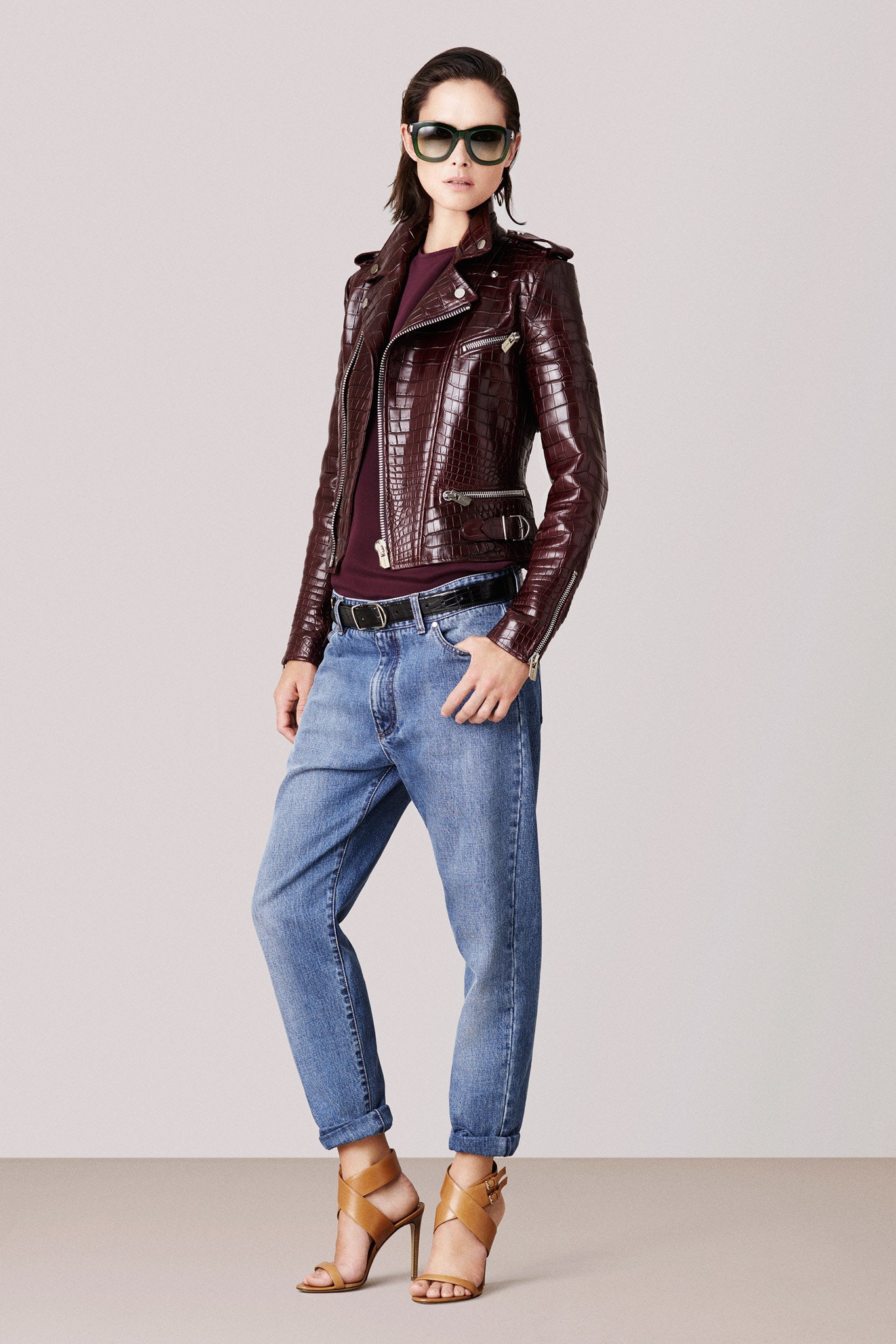 maroon leather long-sleeve collared fitted zippered jacket