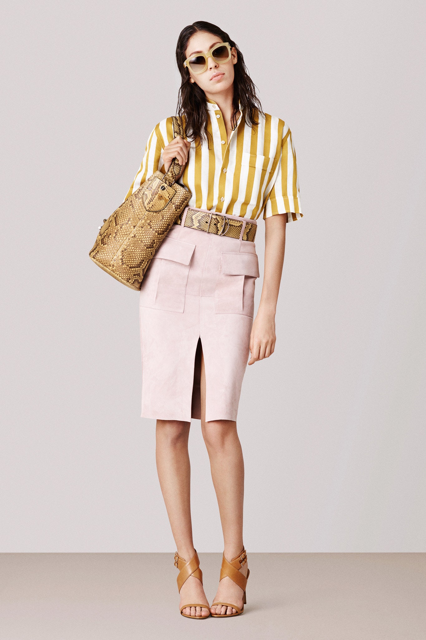 pink suede slit fitted pencil skirt