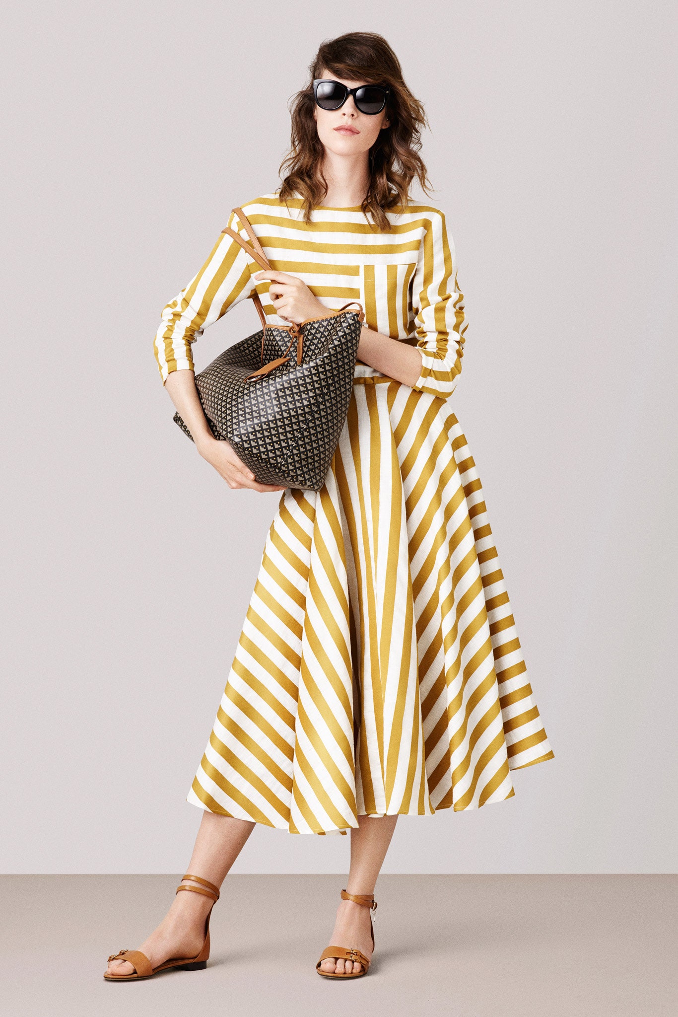 yellow cotton long-sleeve fitted striped a-line midi dress