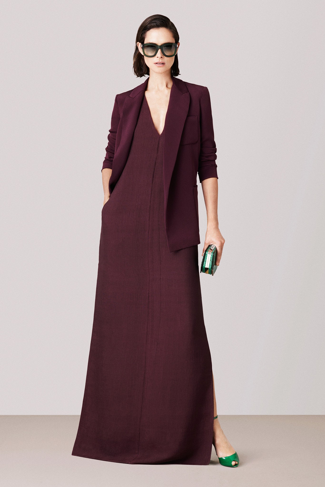 maroon silk sleeveless v-neck fitted straight-leg pockets gown