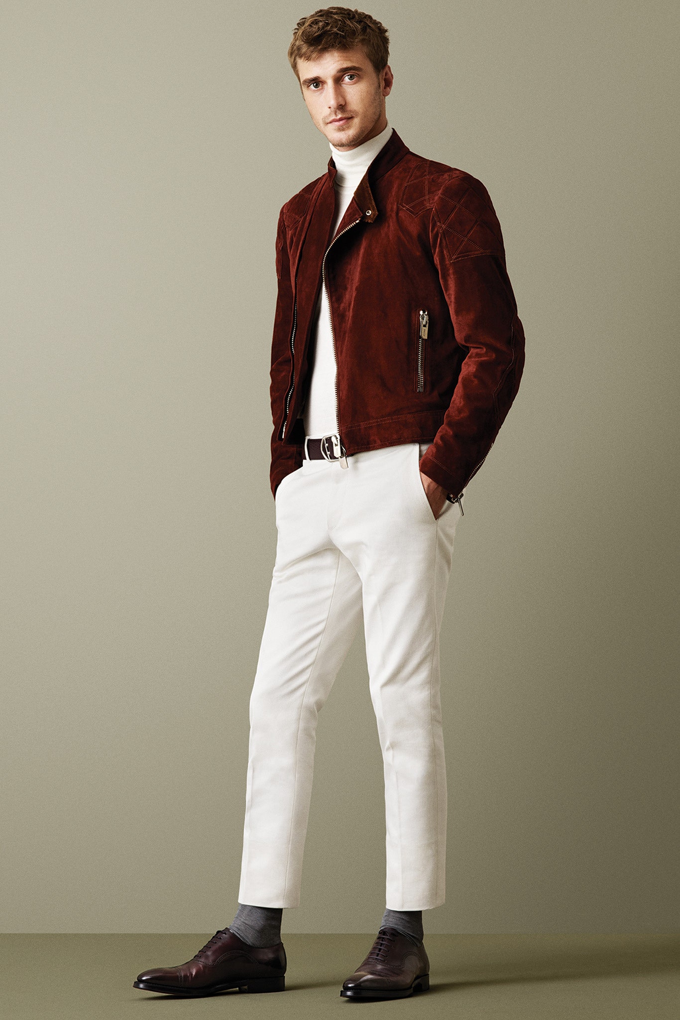 red suede jacket with white shirt