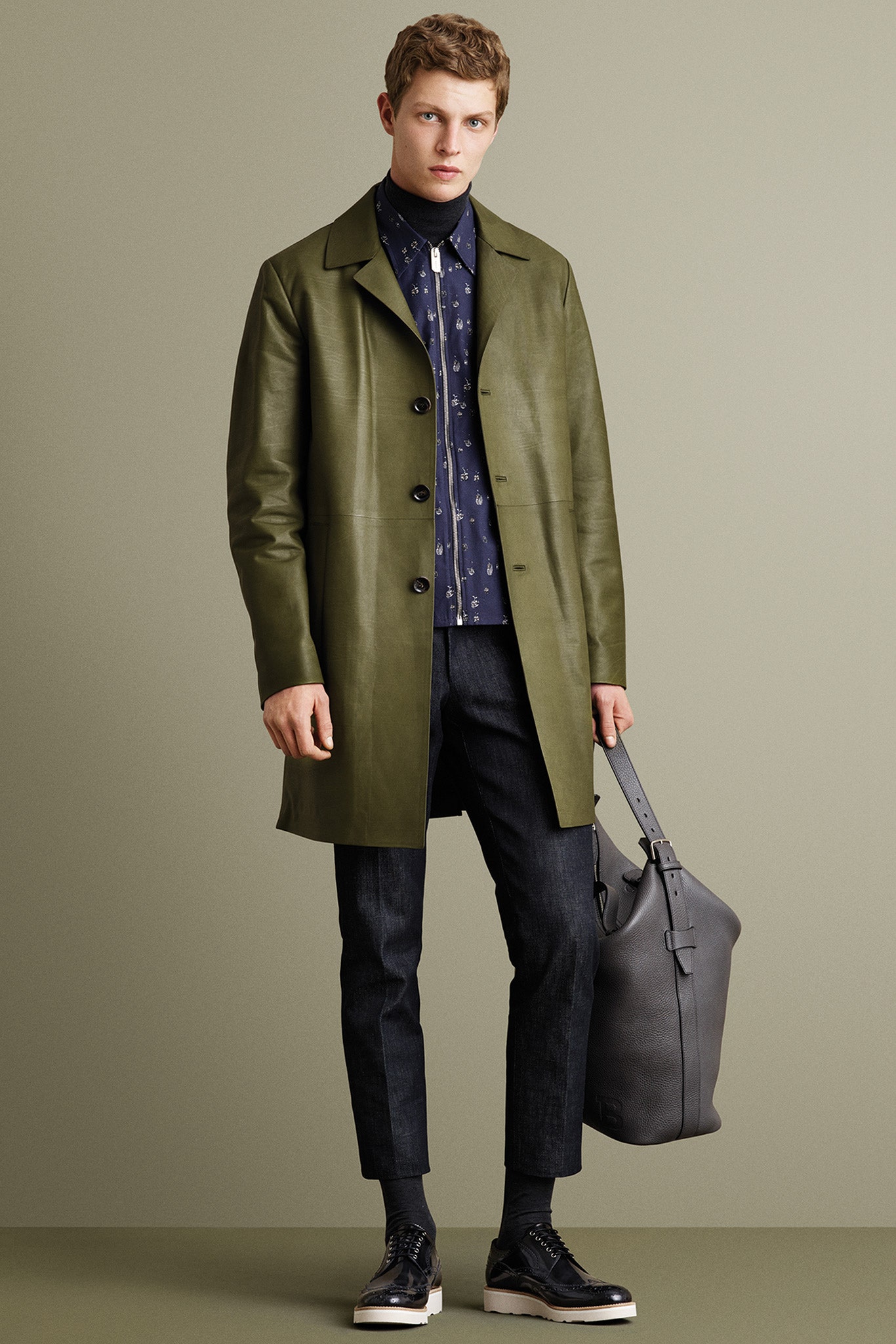 green leather coat with blue shirt