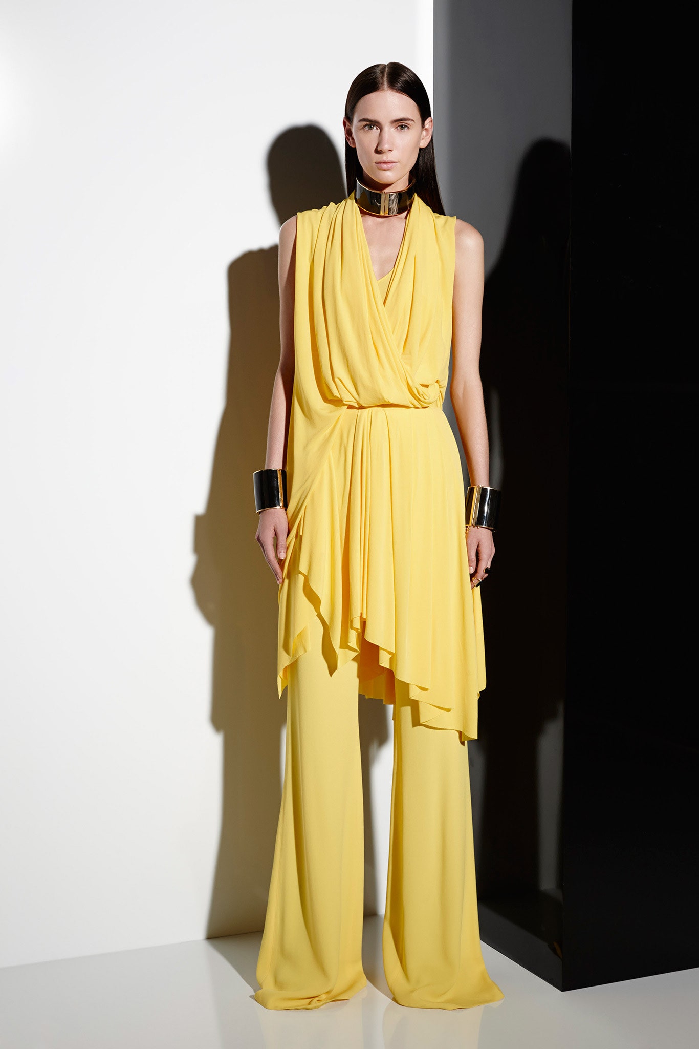 yellow draped sleeveless jumpsuit