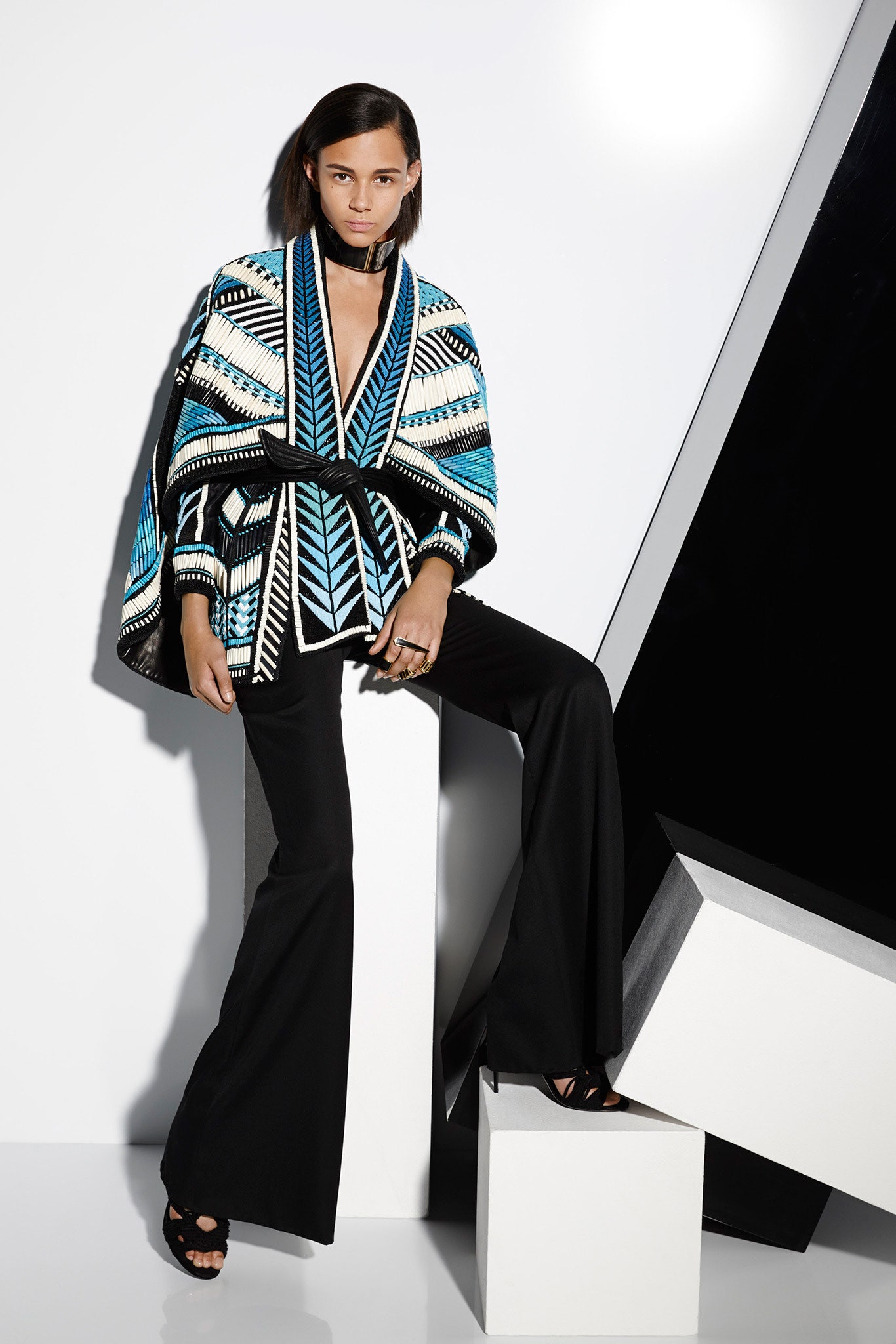 blue printed poncho with flared pants