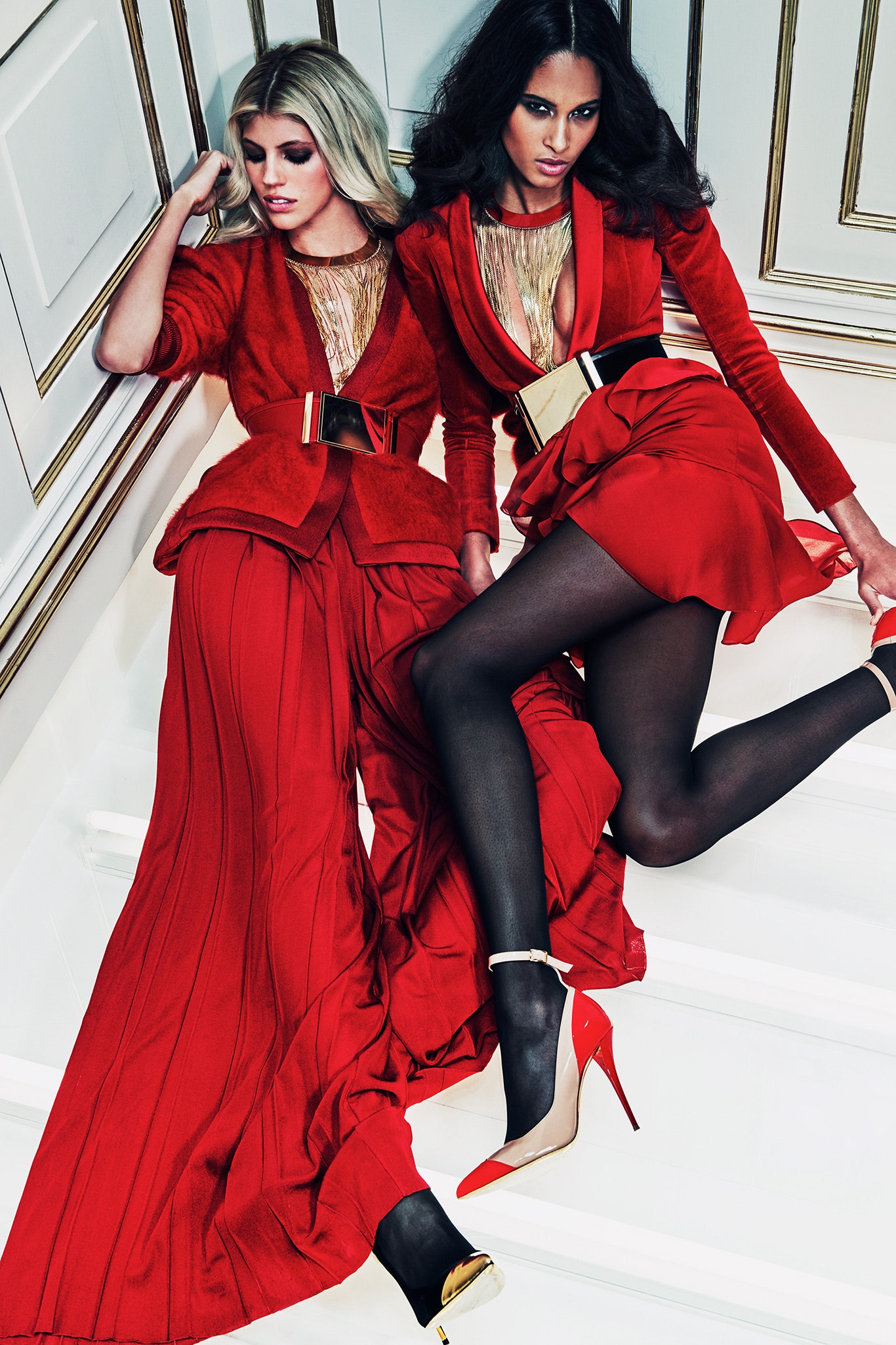 red silk tailored blazer and skirt