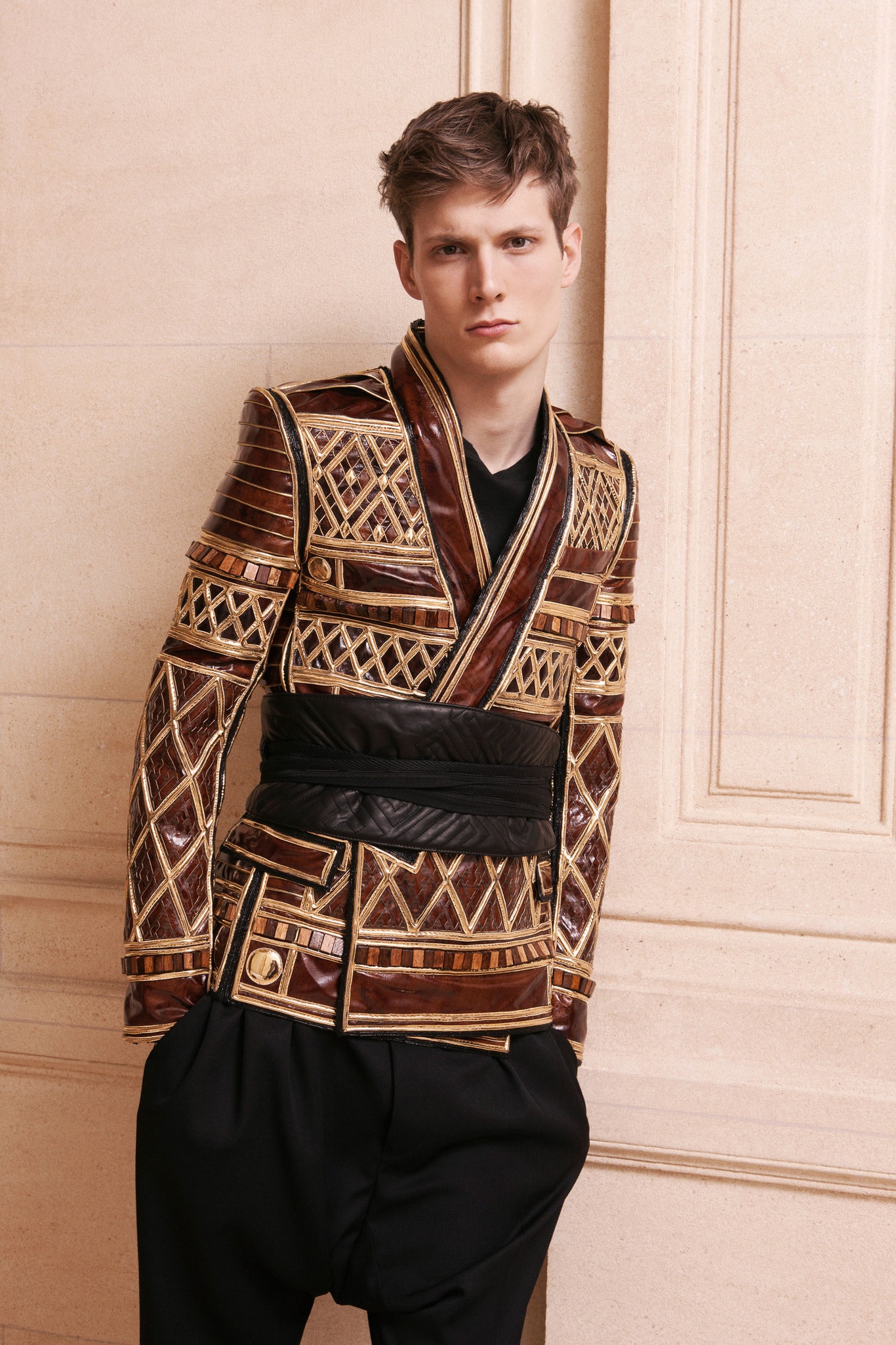 brown leather long-sleeve collared fitted embroidered zippered jacket