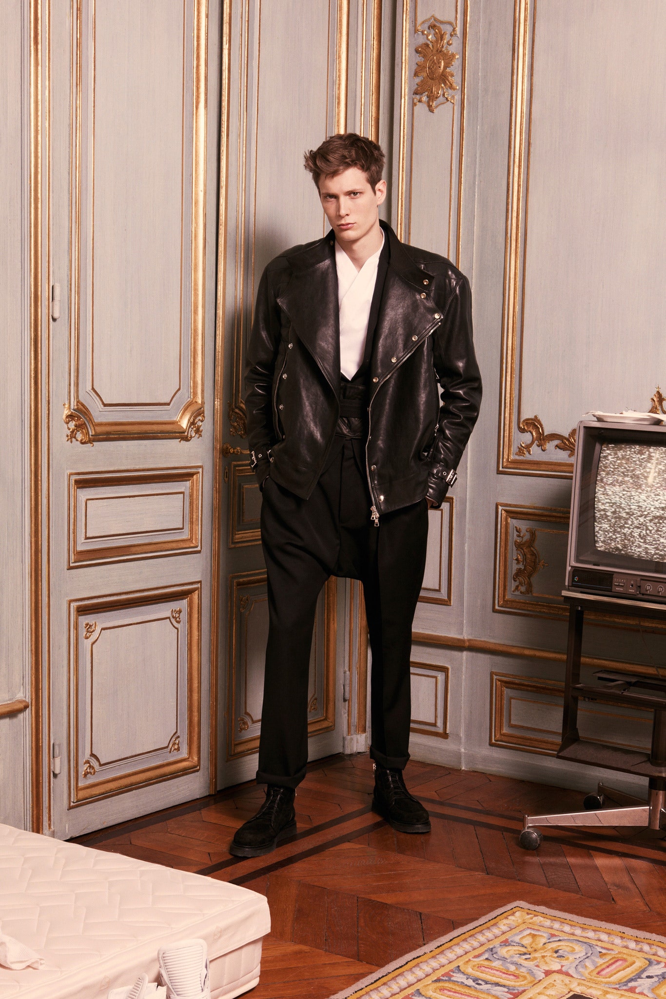 black leather jacket with white shirt