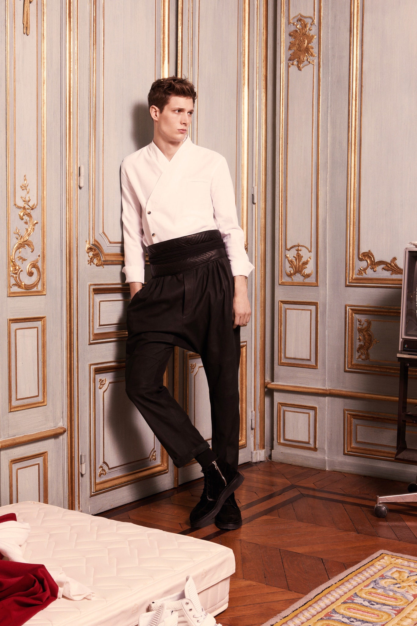 white fitted shirt and black relaxed pants