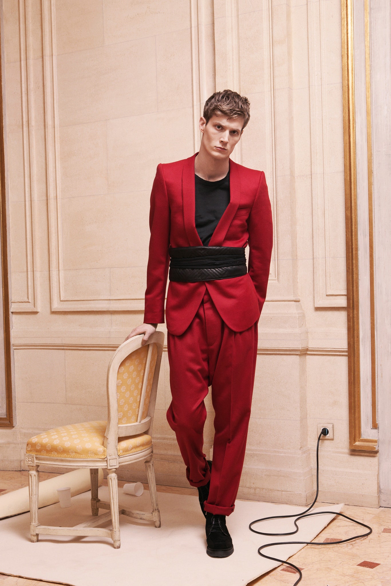 red cotton long-sleeve collared tailored buttoned suit