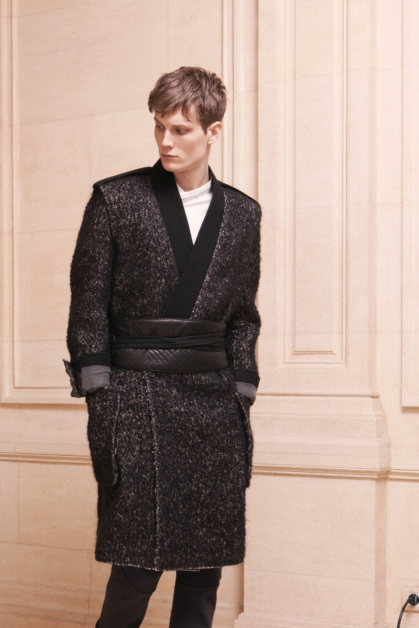 black wool long-sleeve collared relaxed belted layered coat