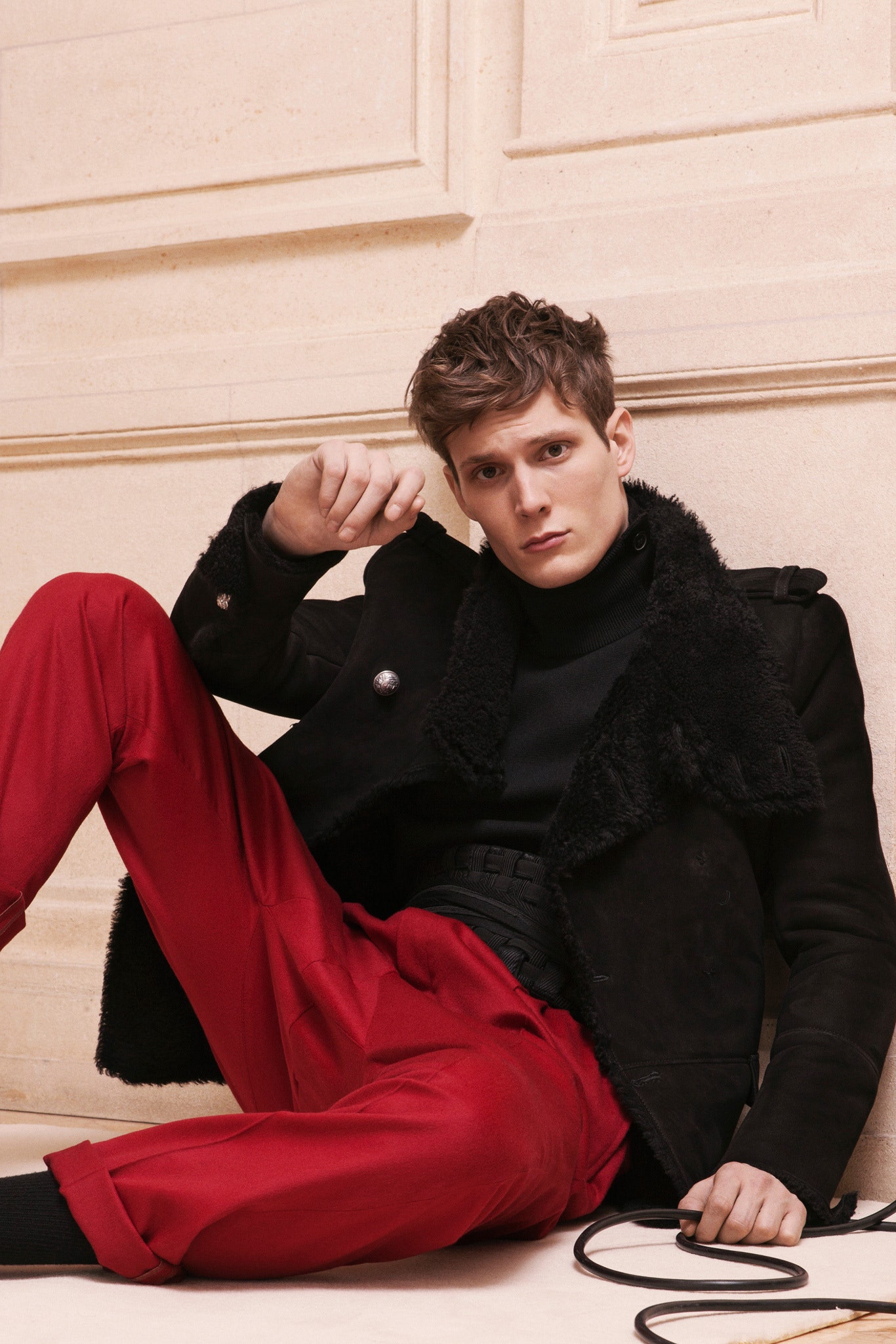 black leather jacket red pants