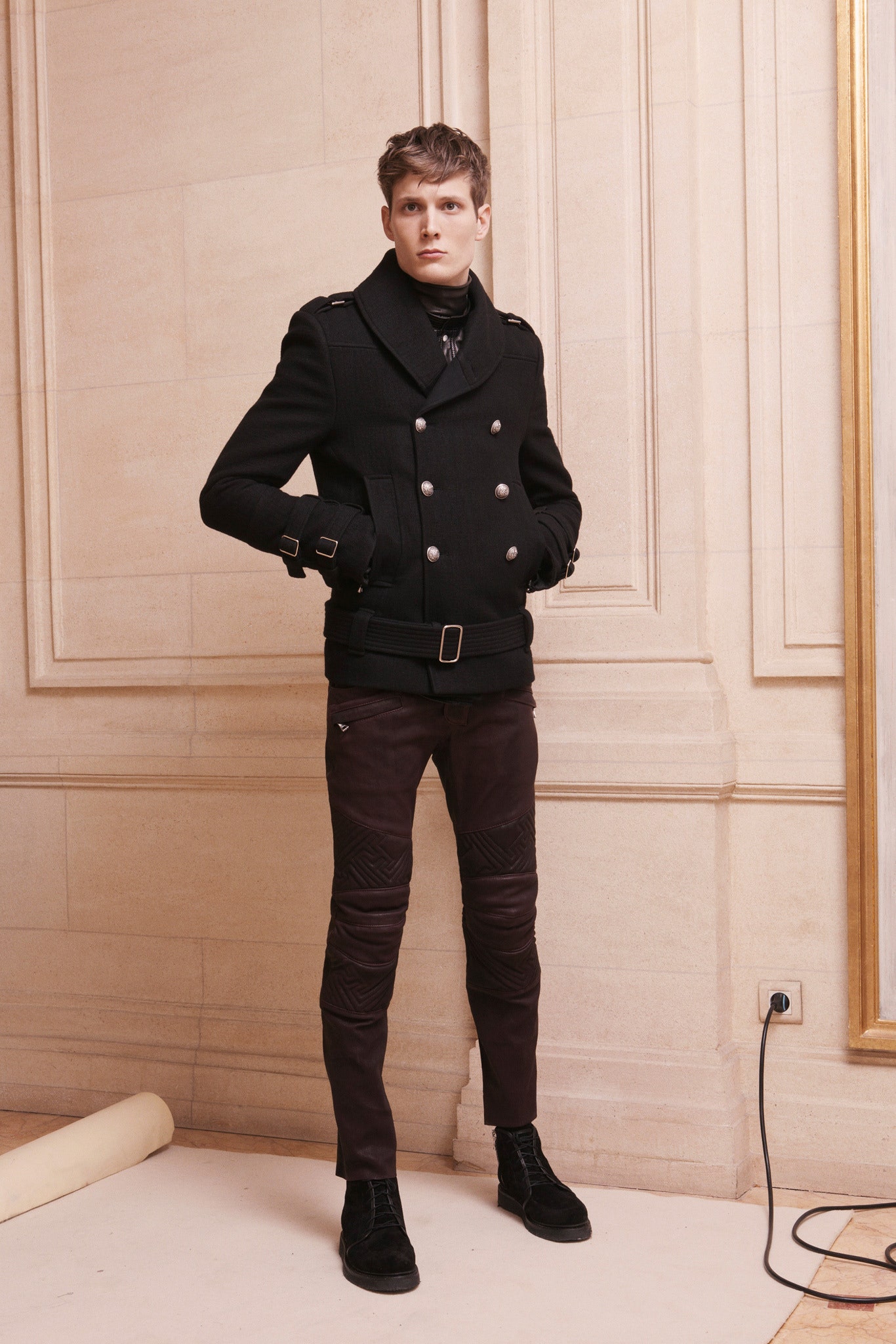 brown cotton slim zippered pants