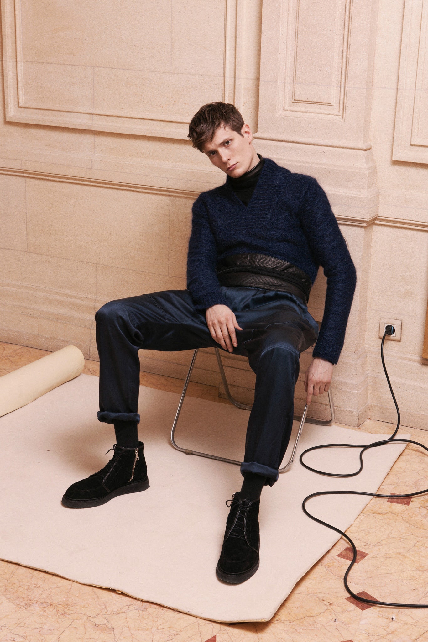 blue wool long-sleeve v-neck fitted layered sweater