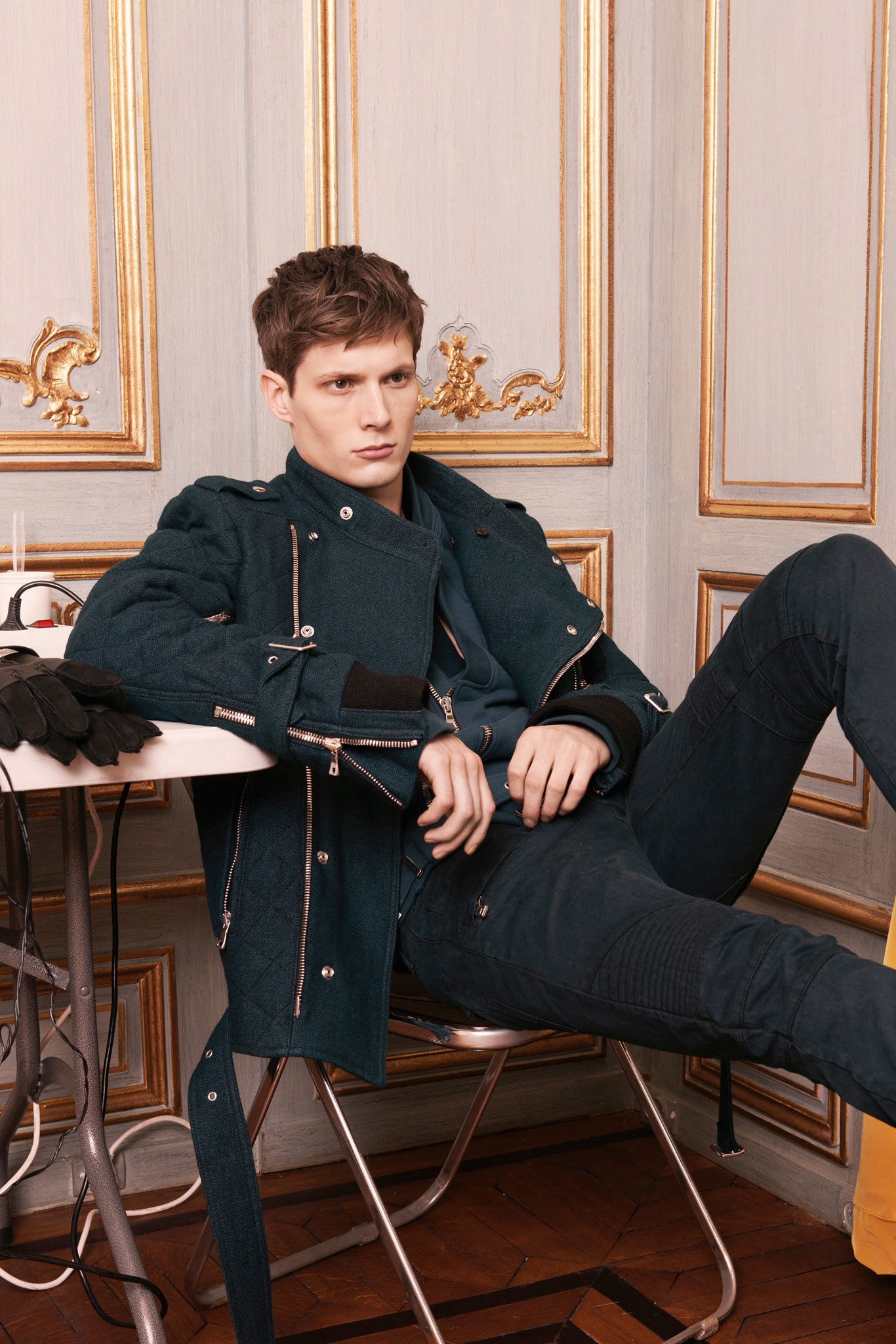 blue fitted jacket with slim pants