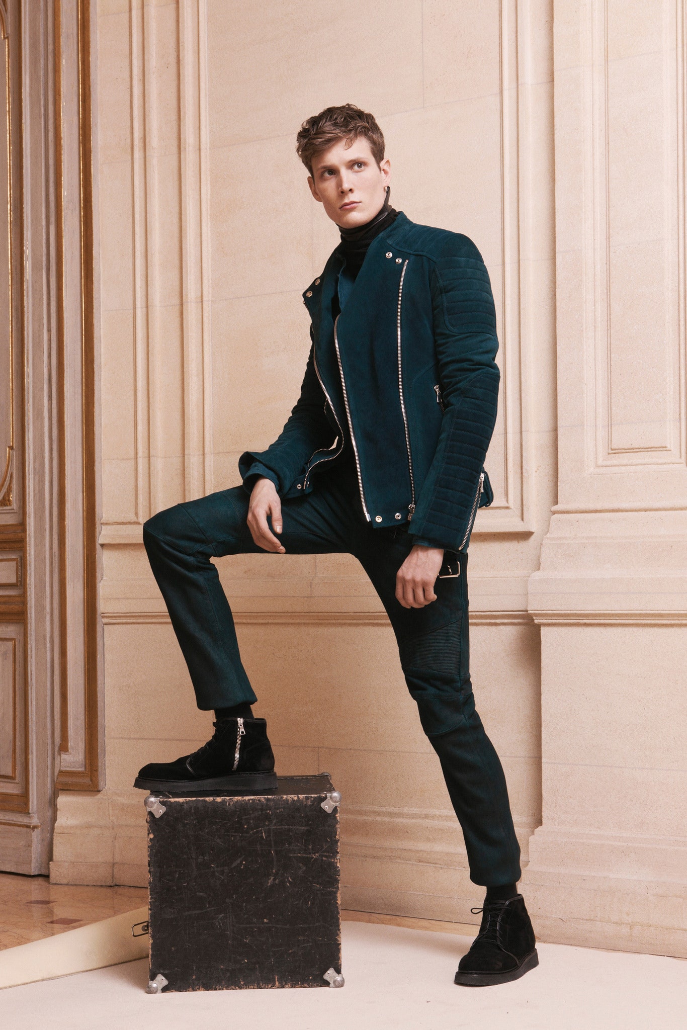 blue suede fitted straight-leg pants
