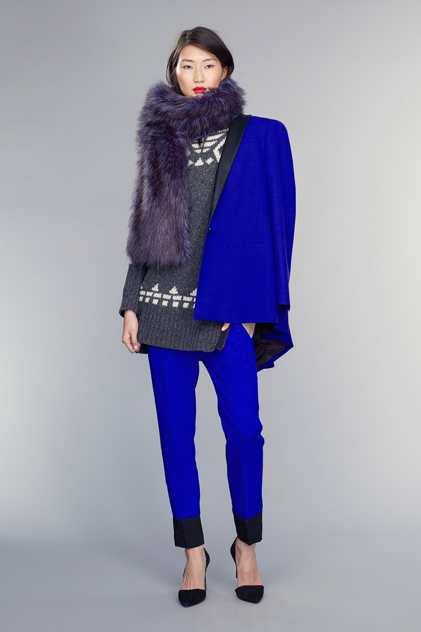 blue blazer gray sweater tailored pants