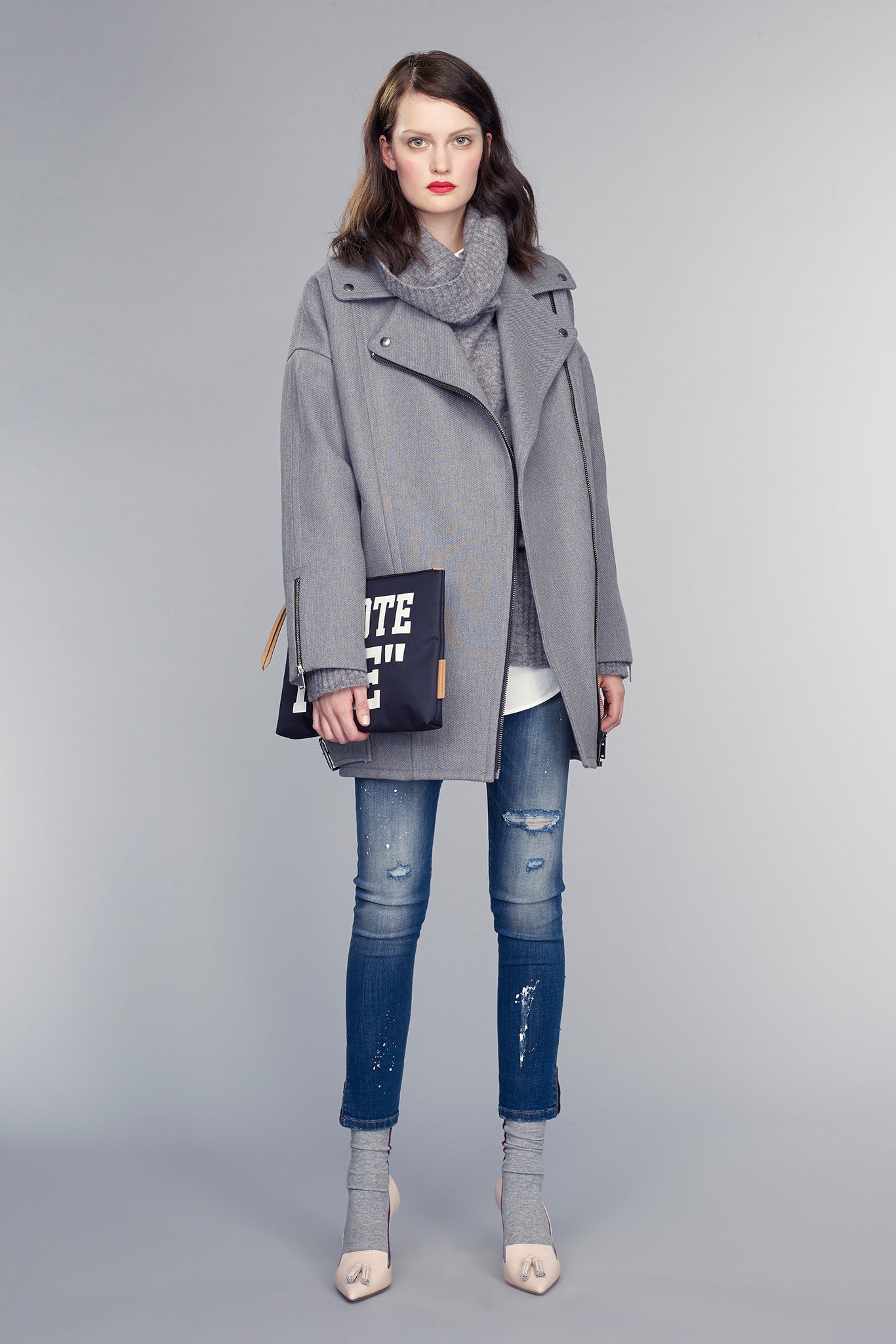 gray wool coat with jeans