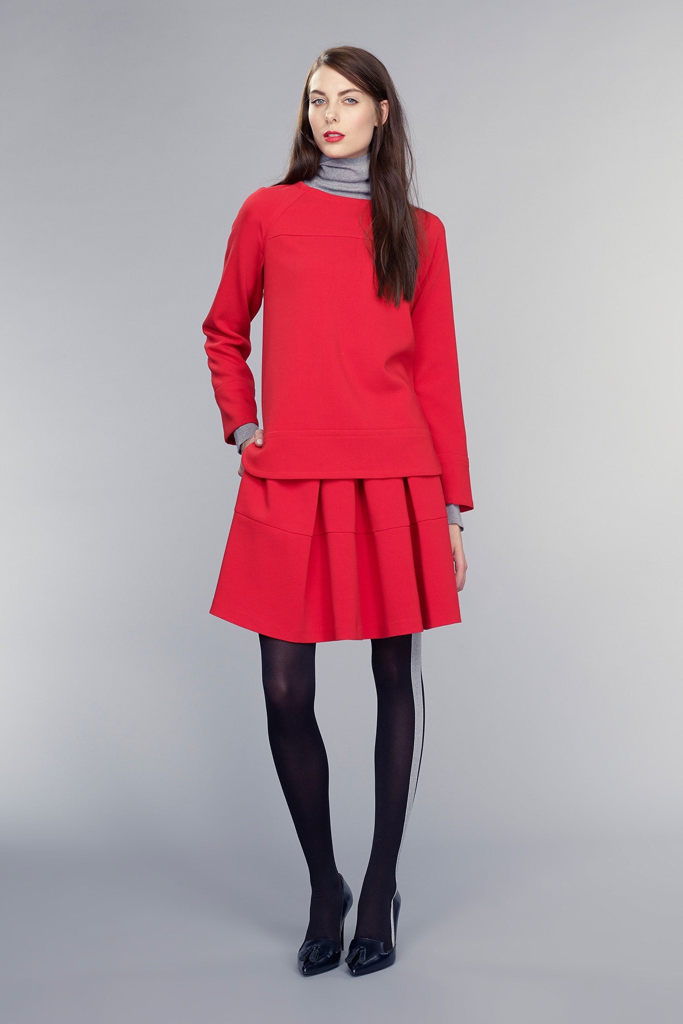 red cotton long-sleeve high-neck fitted pleated top