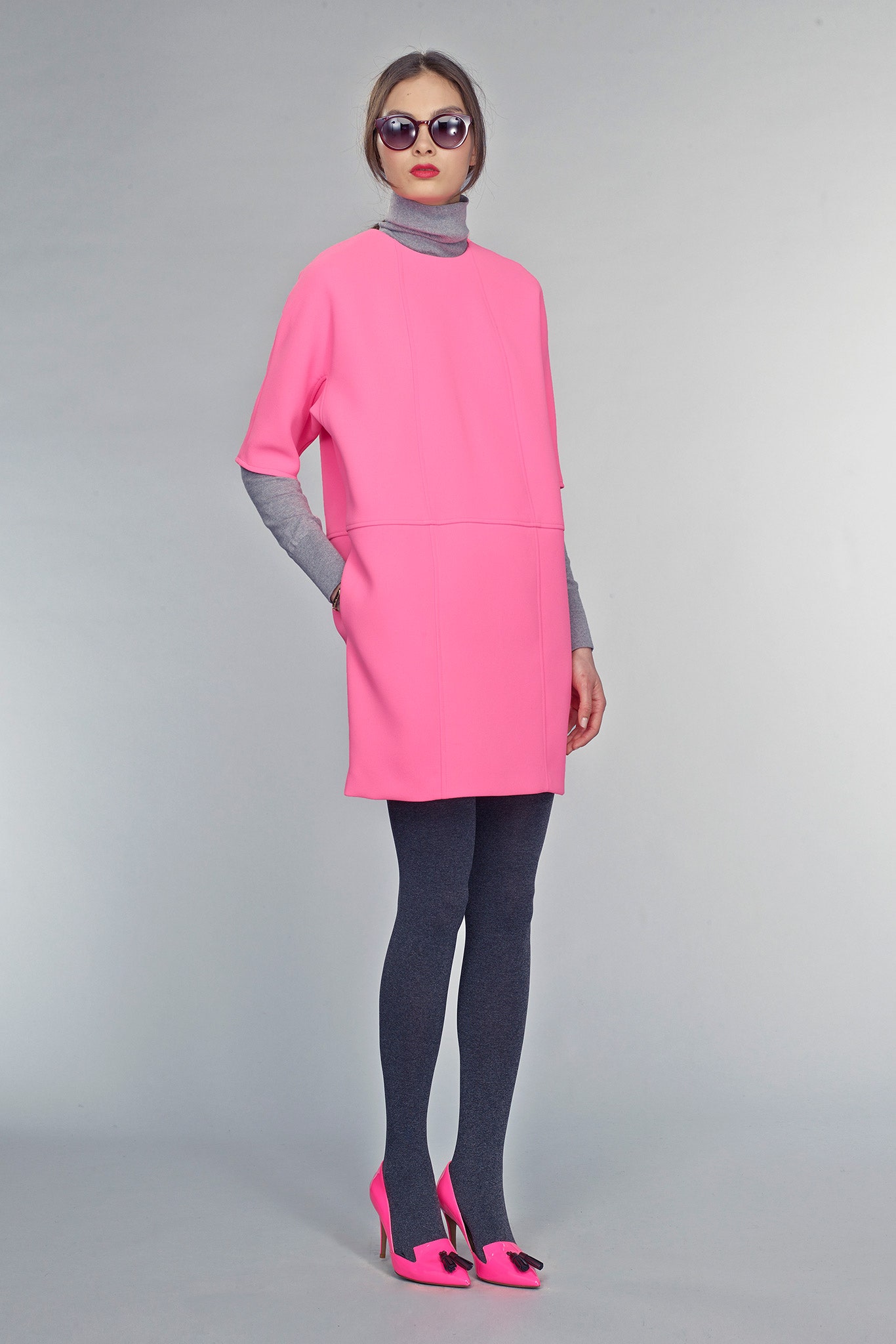 pink neoprene short-sleeve high-neck fitted straight-leg short dress