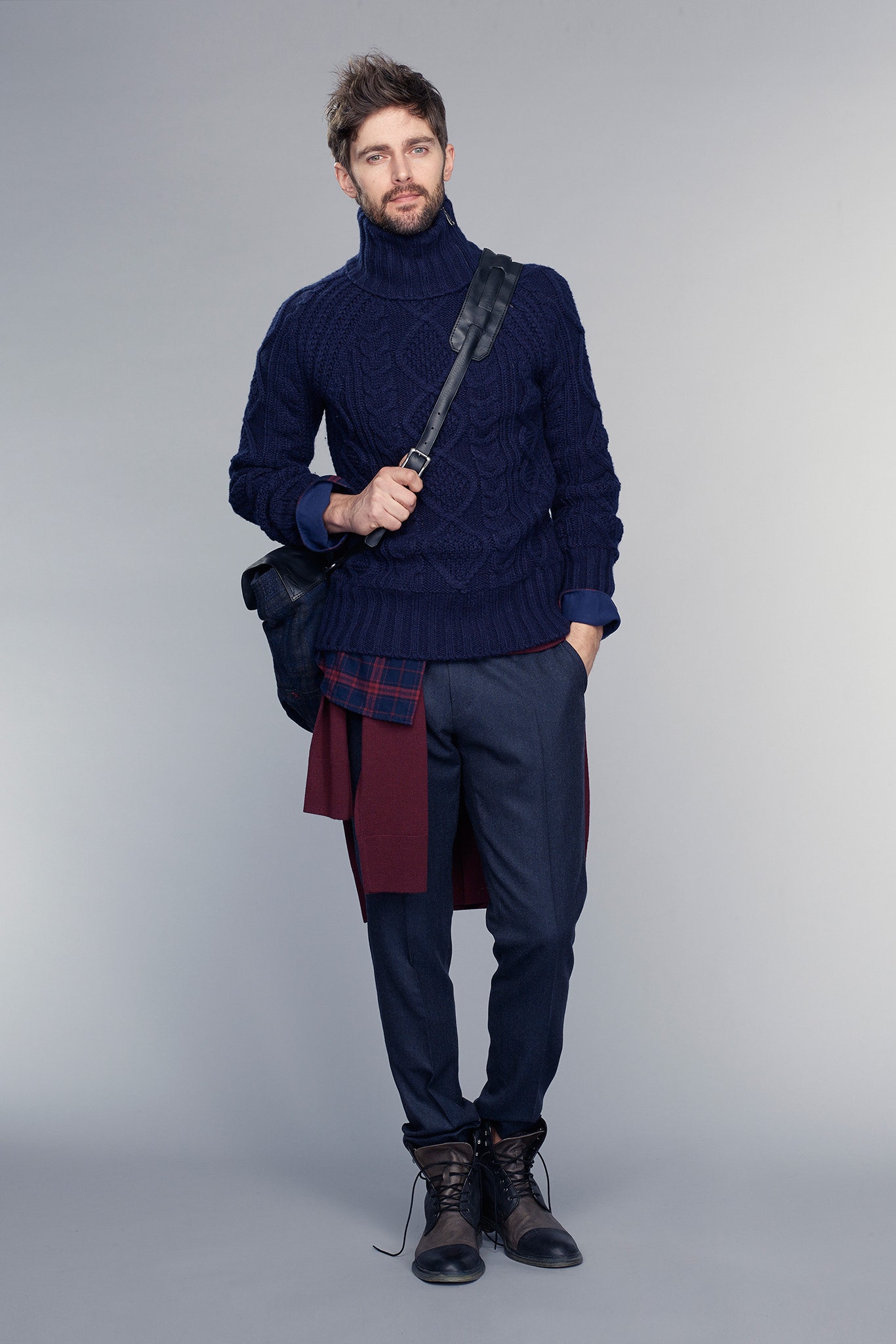 blue wool long-sleeve turtleneck fitted textured sweater
