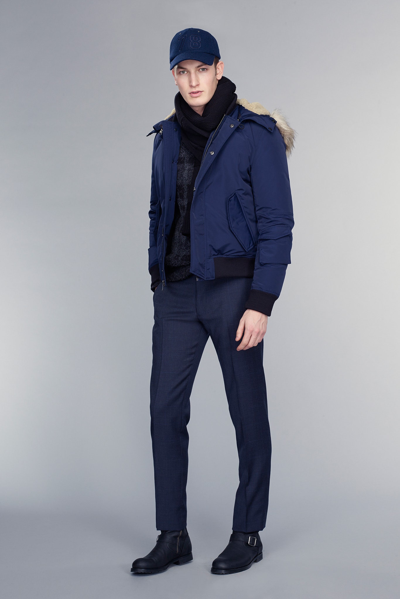blue jacket with black sweater