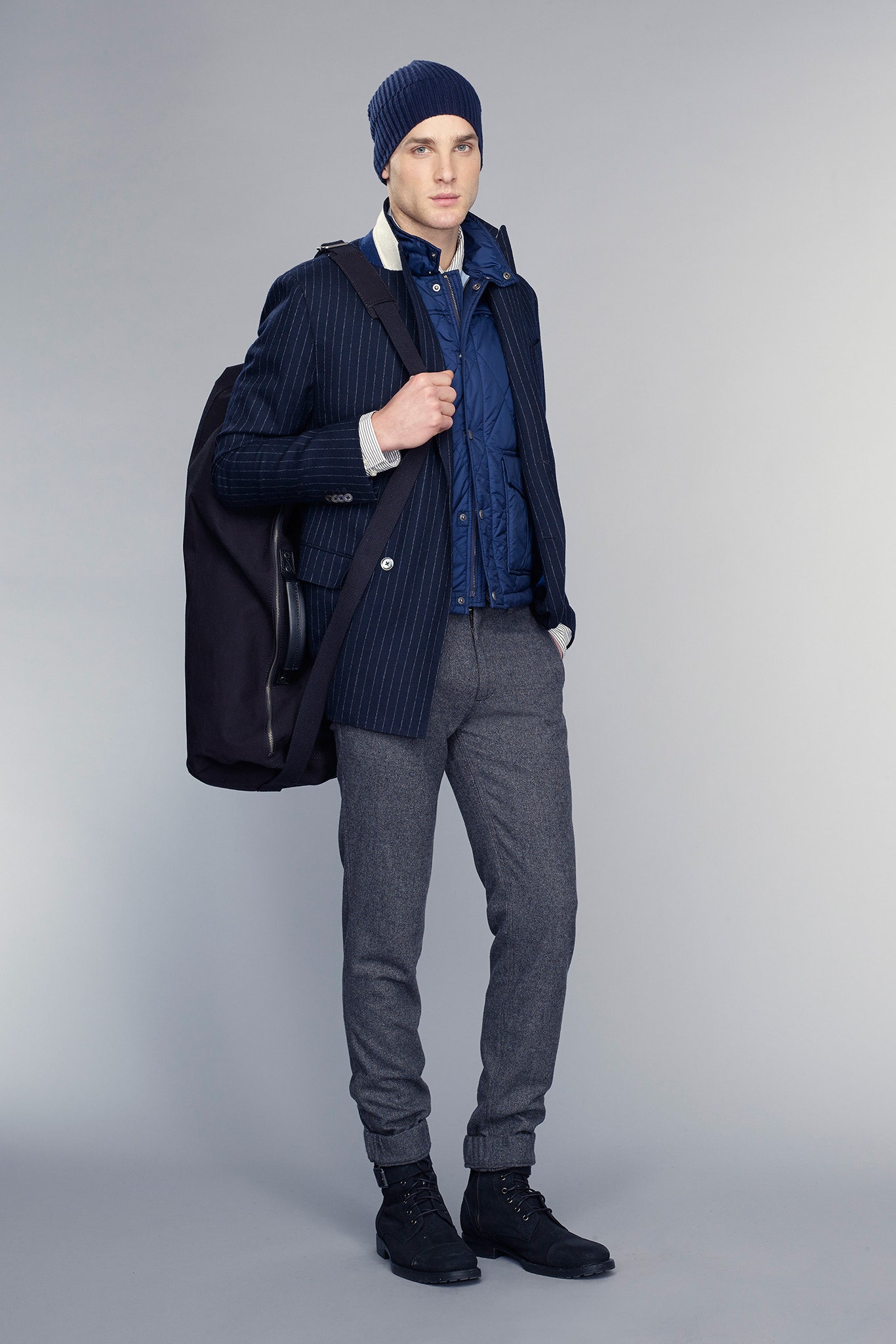 blue cotton long-sleeve fitted zippered vest