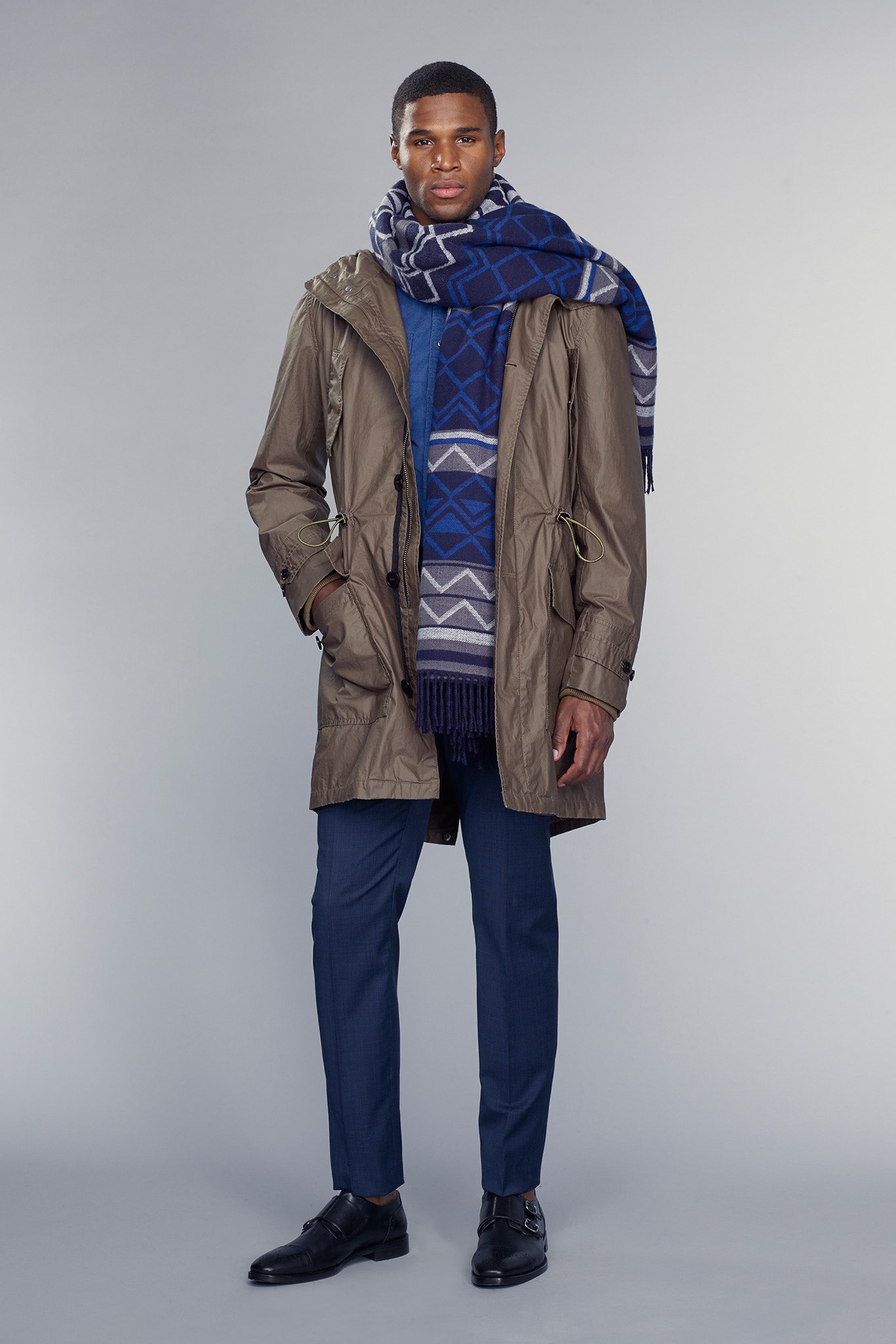 brown cotton long-sleeve hooded relaxed zippered pockets parka