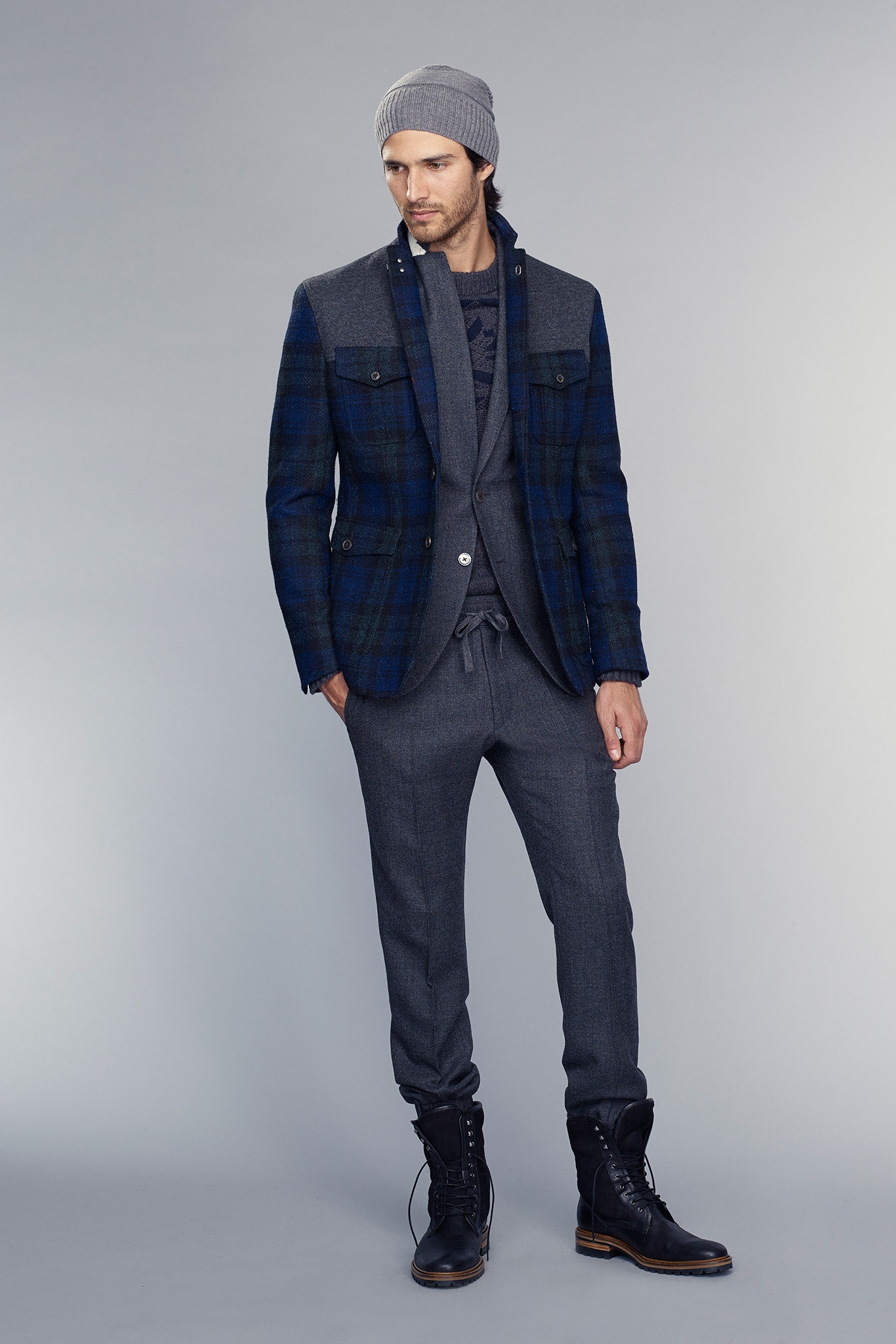 blue wool long-sleeve collared tailored checked buttoned jacket