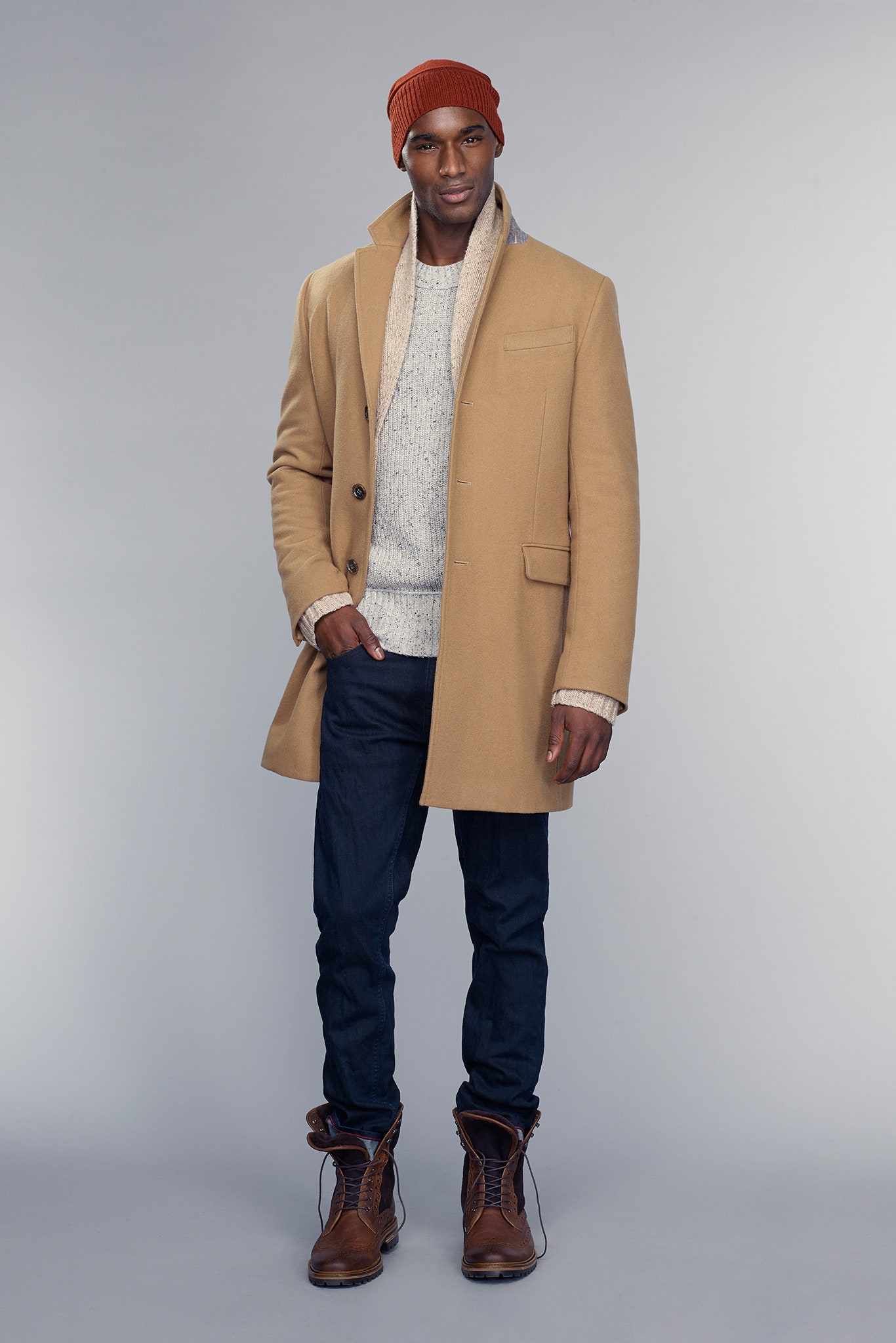 beige wool long-sleeve collared tailored buttoned coat