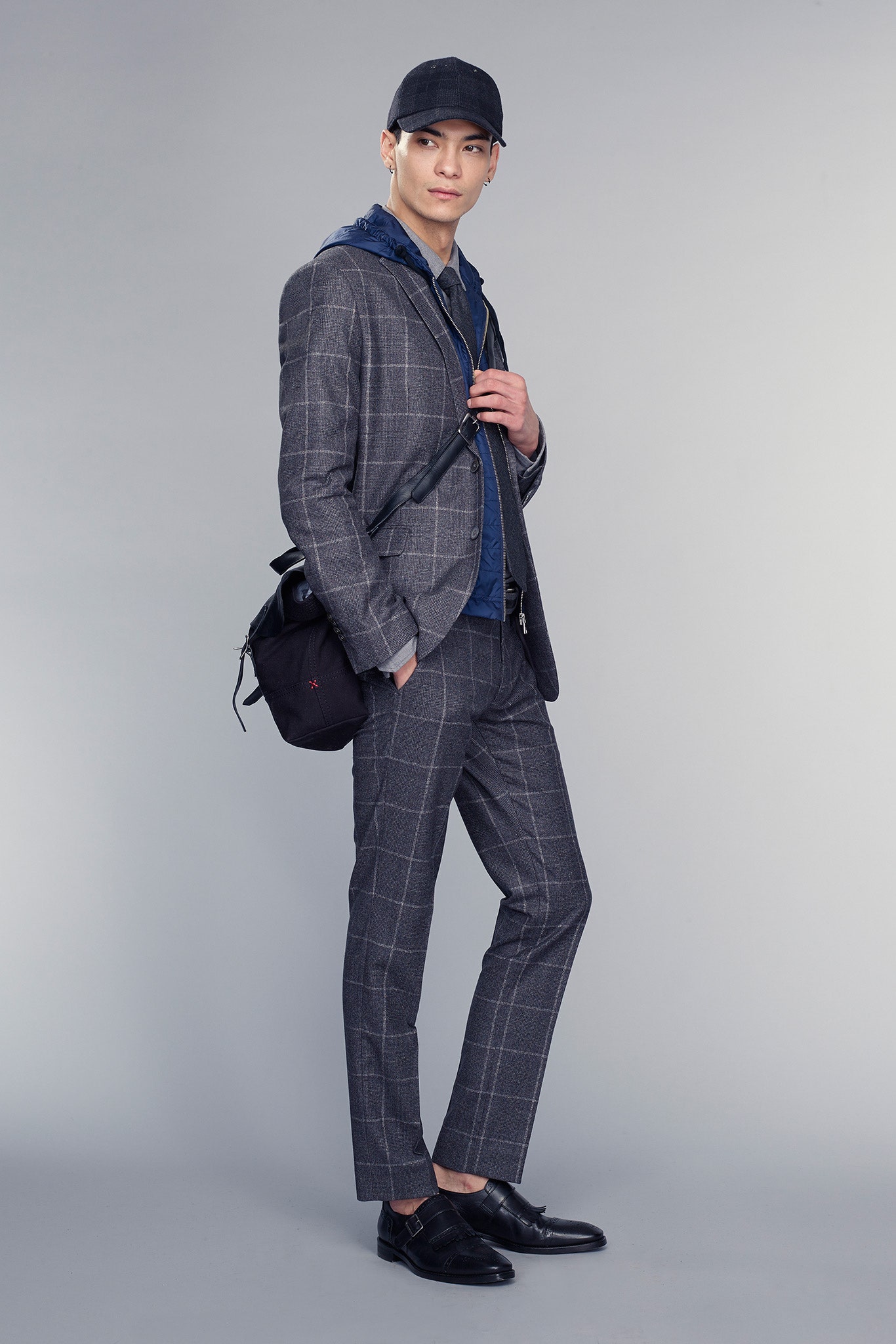 gray tailored suit with hoodie