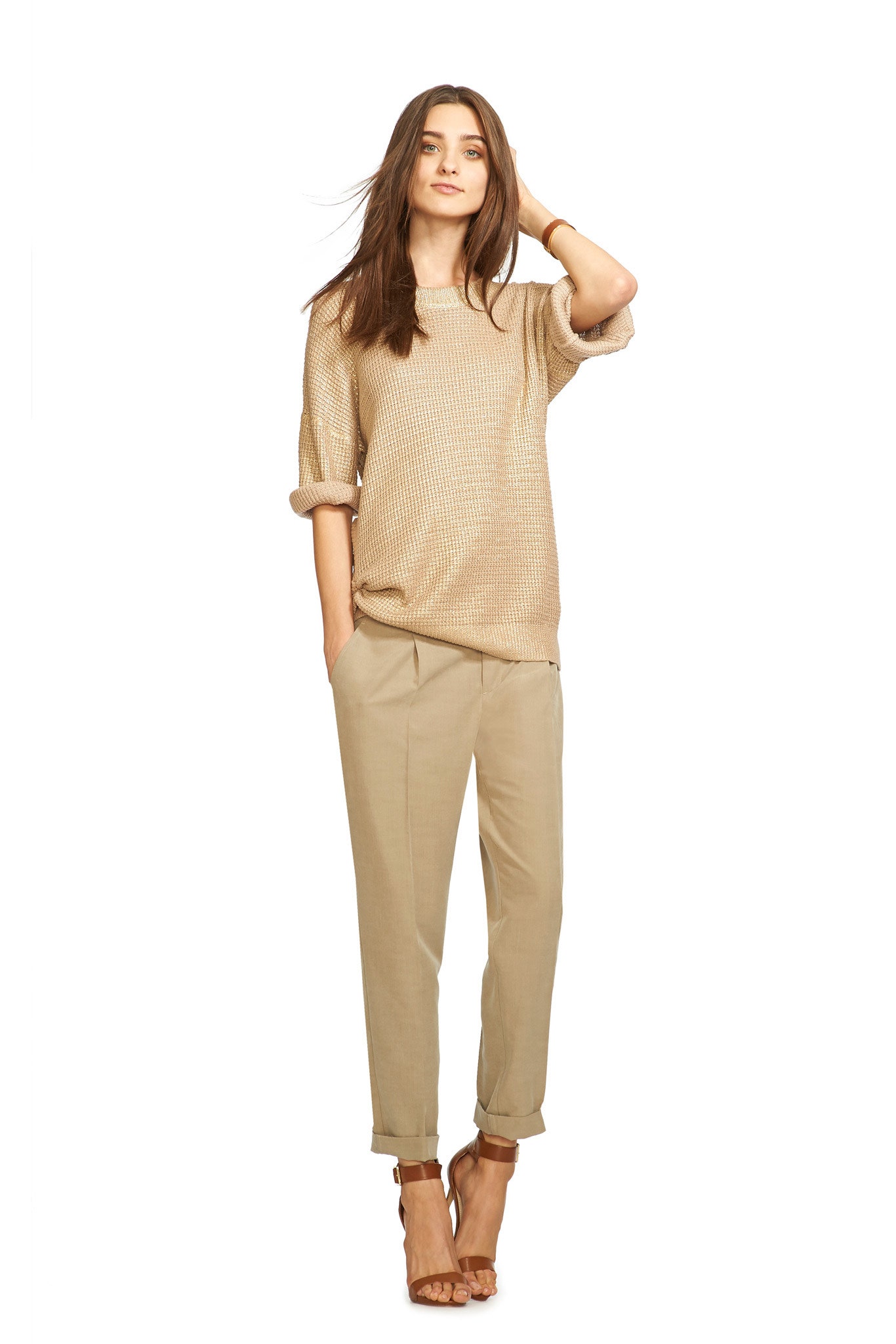 tan cotton collared tailored straight-leg pants