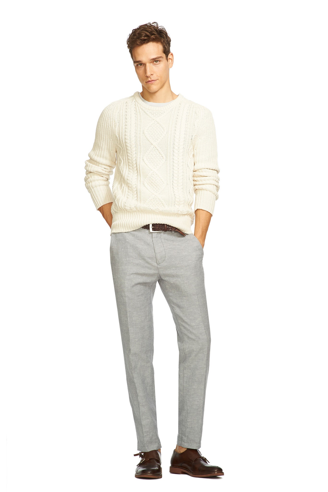 white knit sweater and gray pants