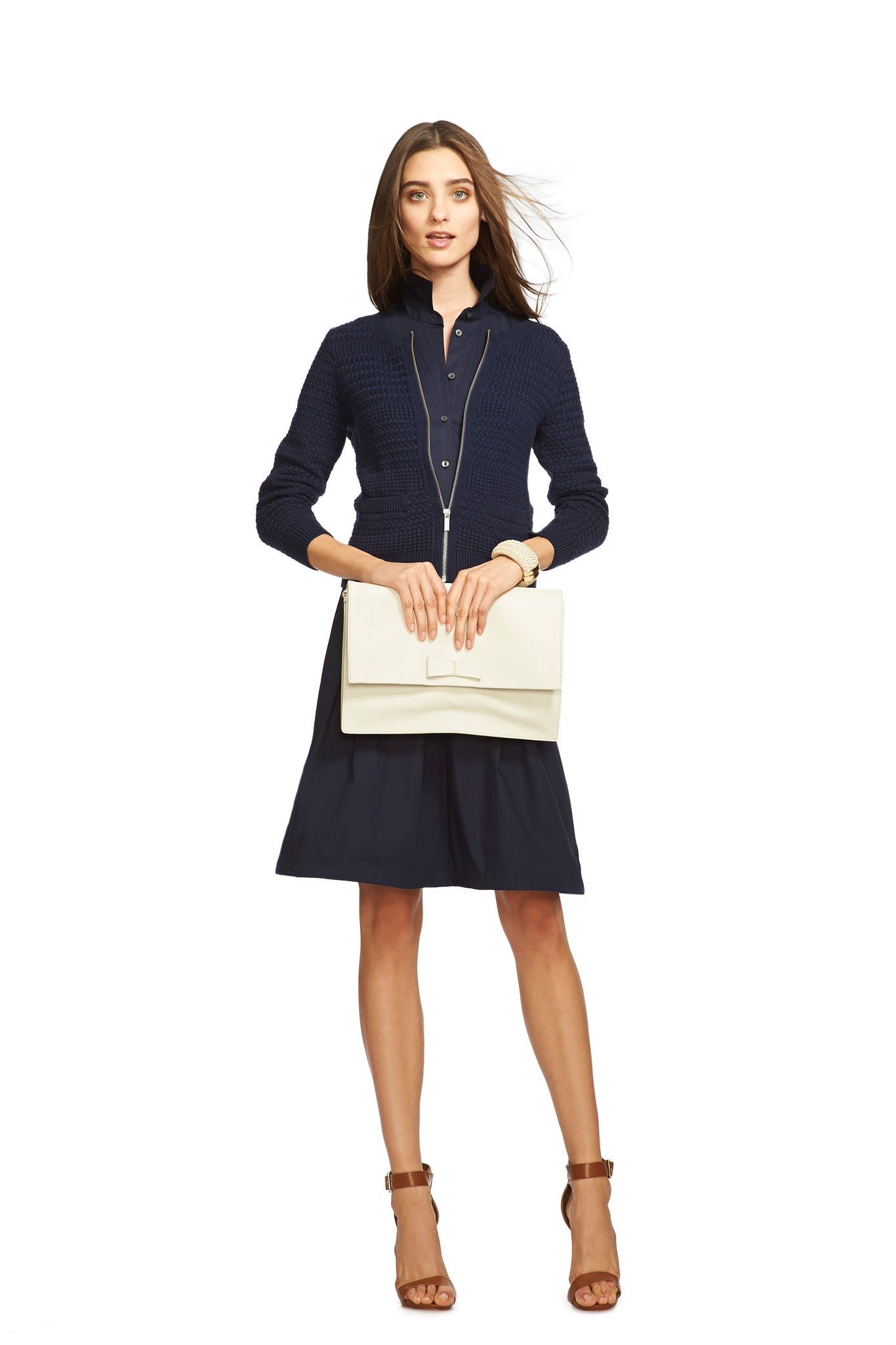 navy dress with knit jacket