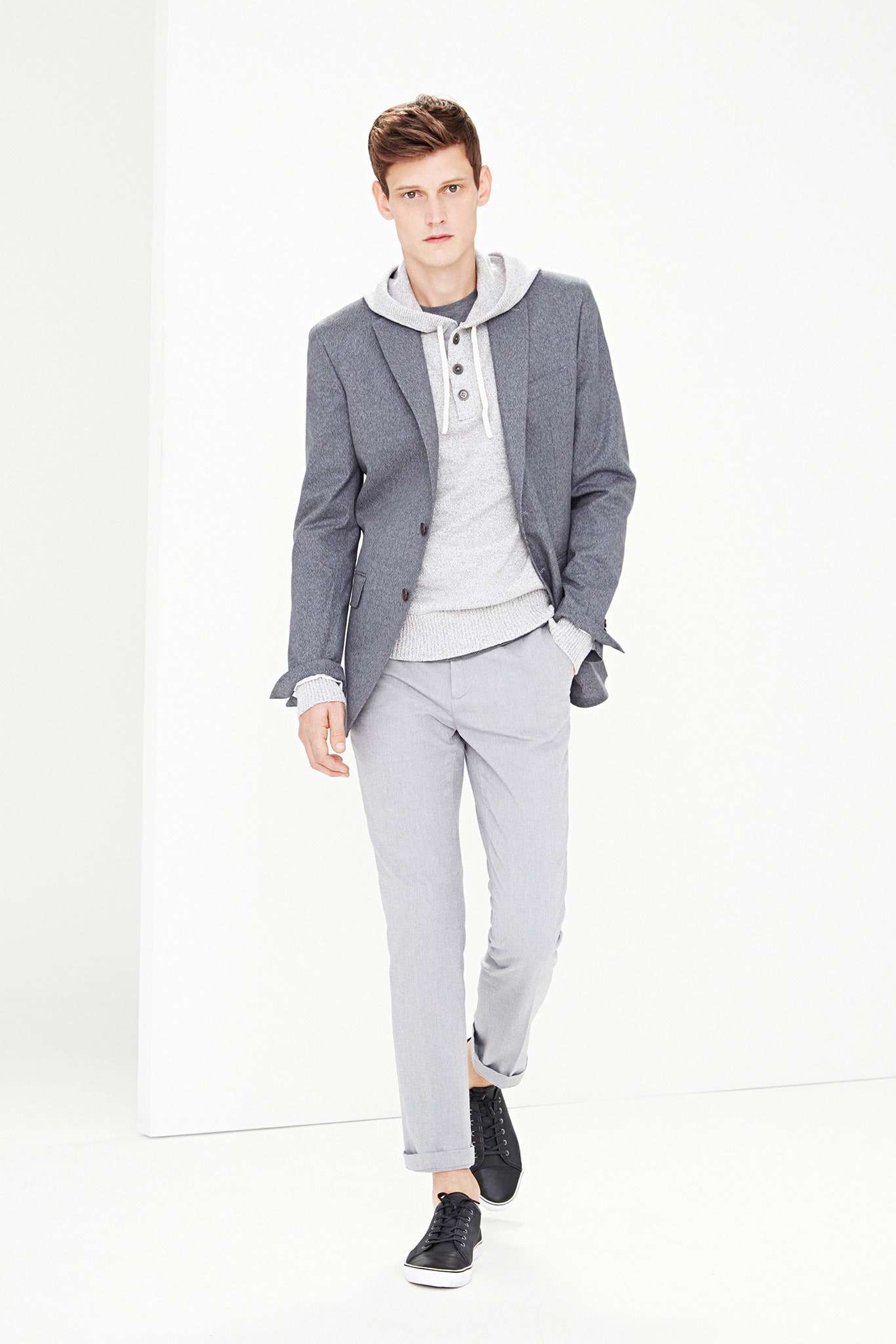 gray tailored blazer with hoodie
