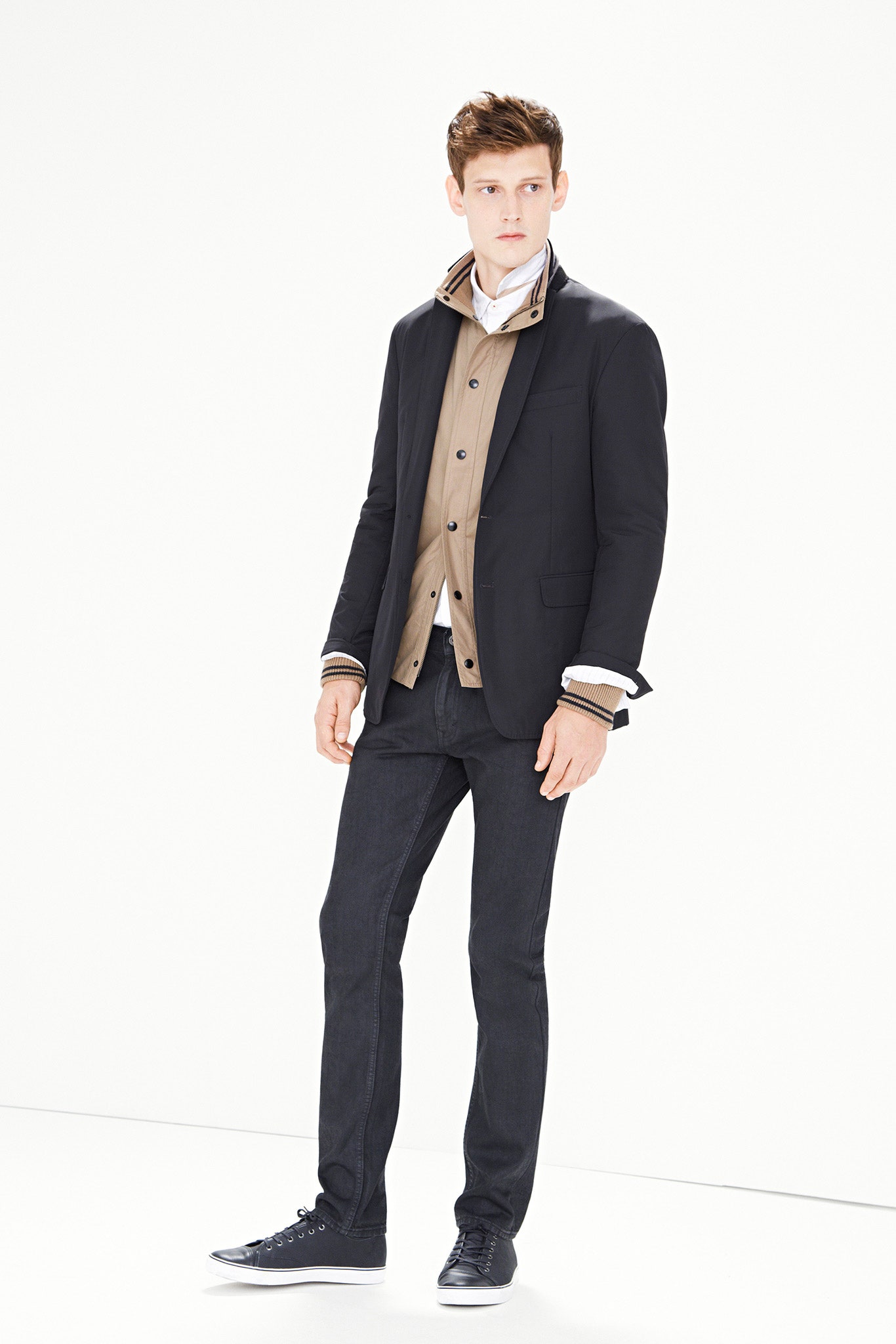 black tailored blazer with beige shirt