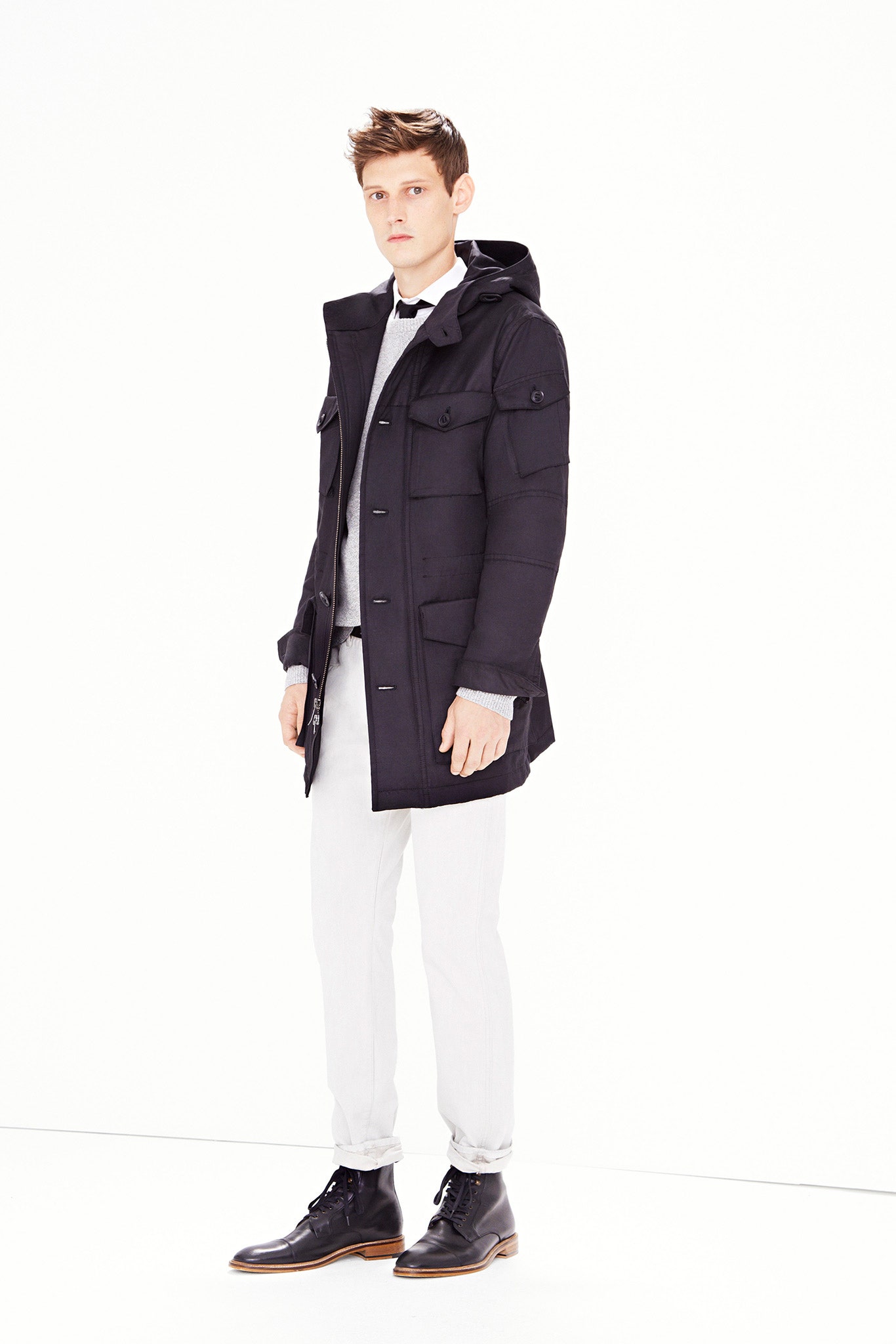 black parka with white pants