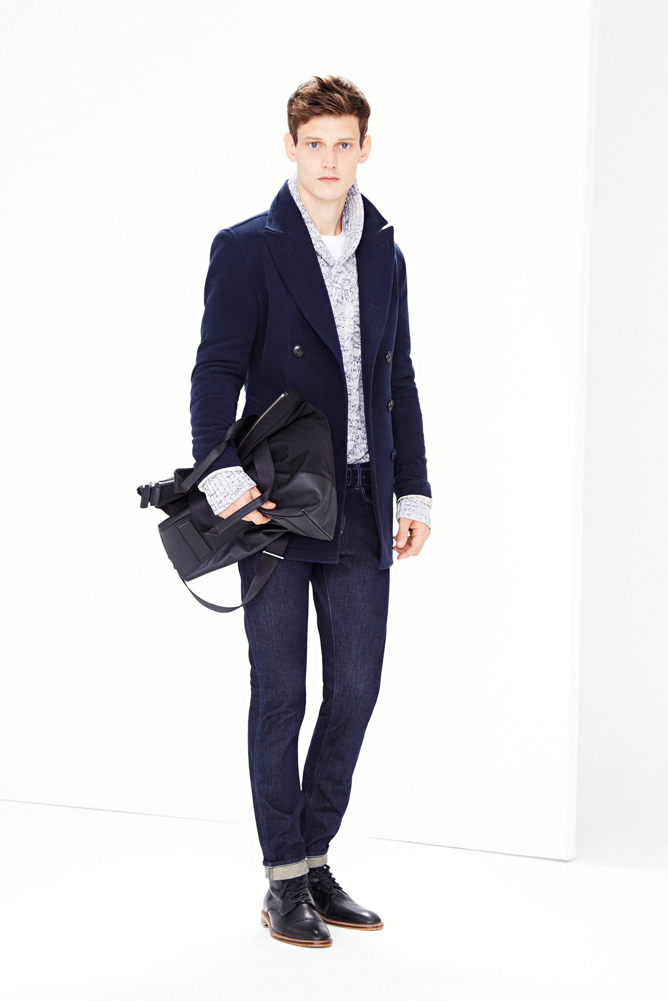 blue wool long-sleeve double-breasted tailored buttoned coat