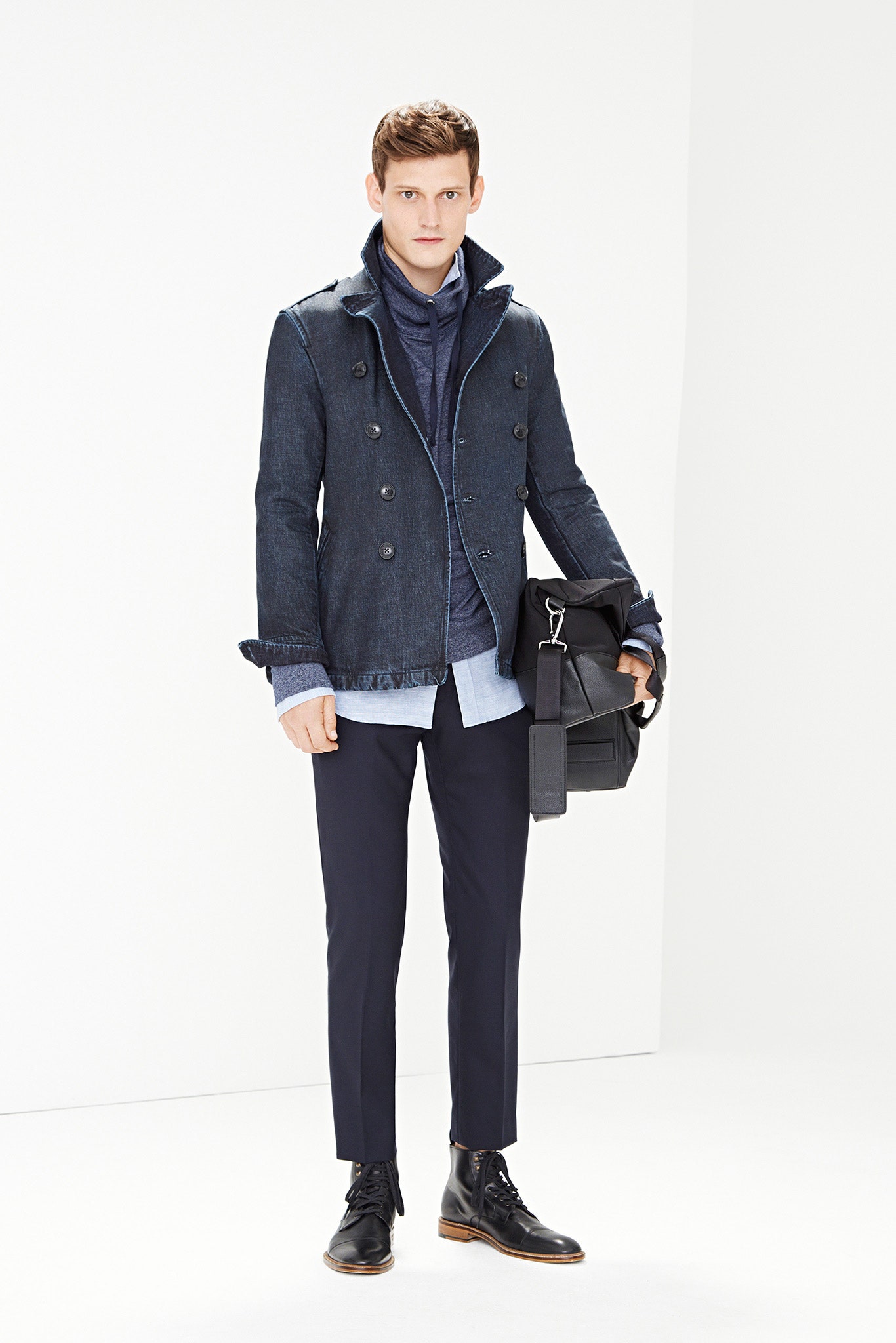 blue denim jacket with black pants